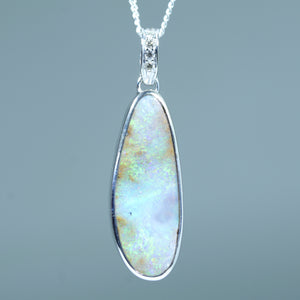 Natural Australian Boulder Opal White Gold and Diamond Pendant