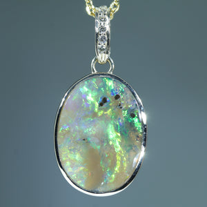 Natural Australian Boulder Opal Gold and Diamond Pendant