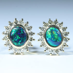 Natural Australian Black Opal 18k Gold and Diamond Earrings