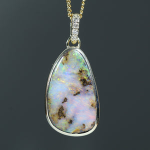 Natural Australian Boulder Opal Gold and Diamond Pendant
