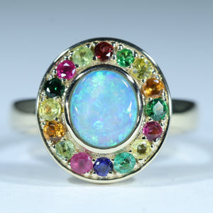 Natural Australian Crystal Opal and Gemstone Gold Ring