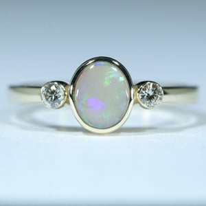 Natural Australian Lighting Ridge Crystal Opal and Diamond Gold Ring