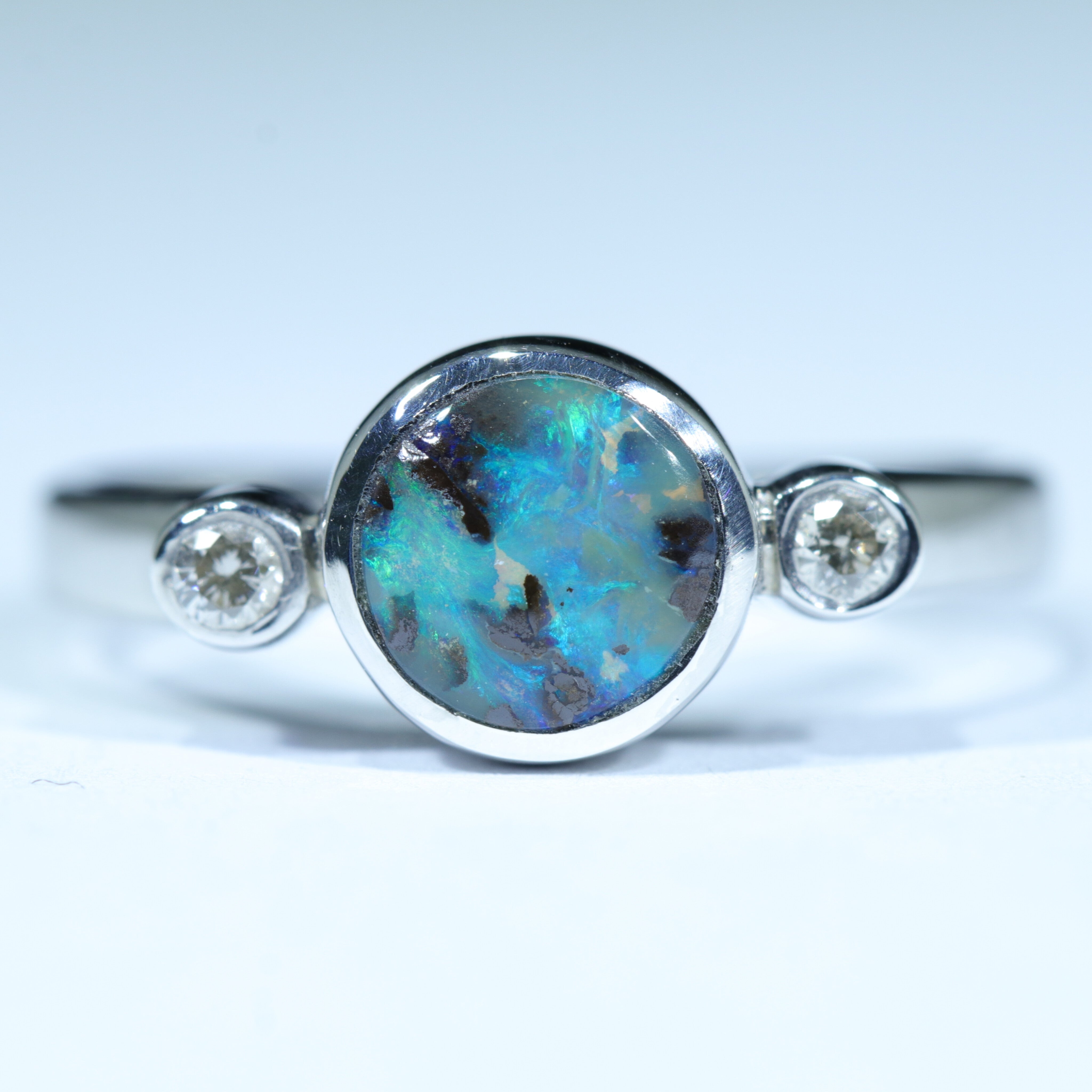 Australian Solid Boulder Opal and Diamond Silver Ring - Size 6 Code CC243