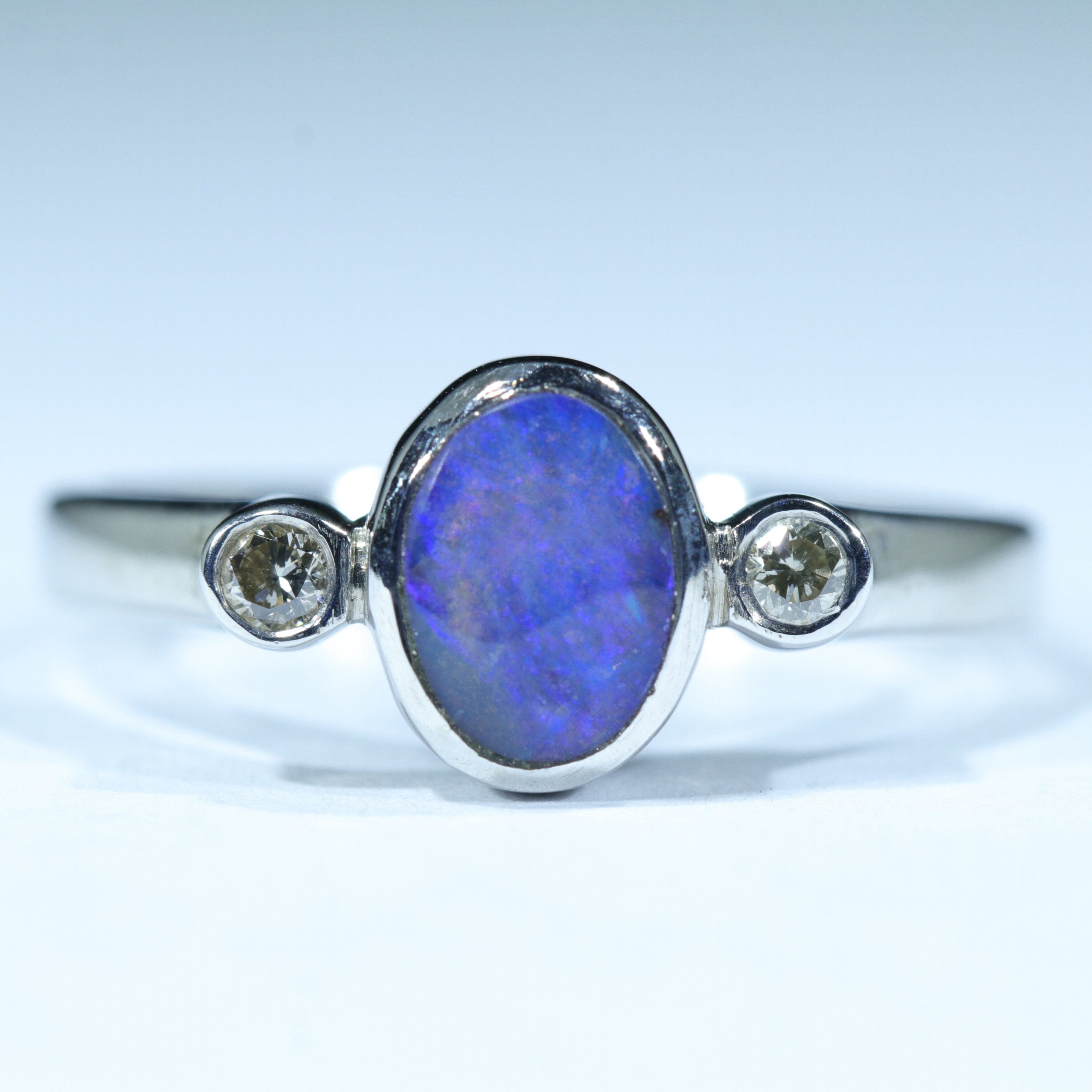 Australian Solid Boulder Opal and Diamond Silver Ring - Size 6.5 Code CC189