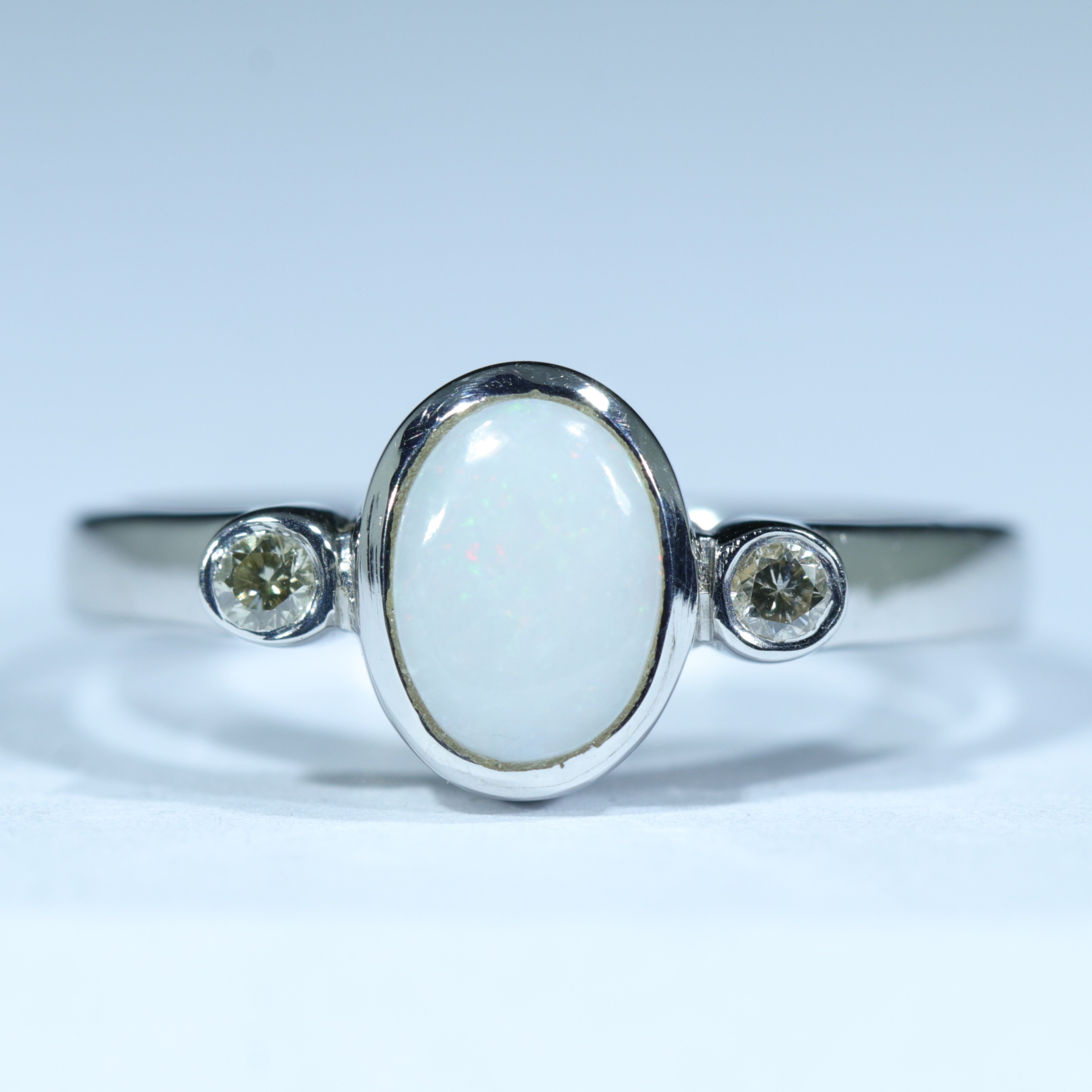 Coober Pedy Solid White Opal and Diamond Silver Ring - Size 6 Code CC231