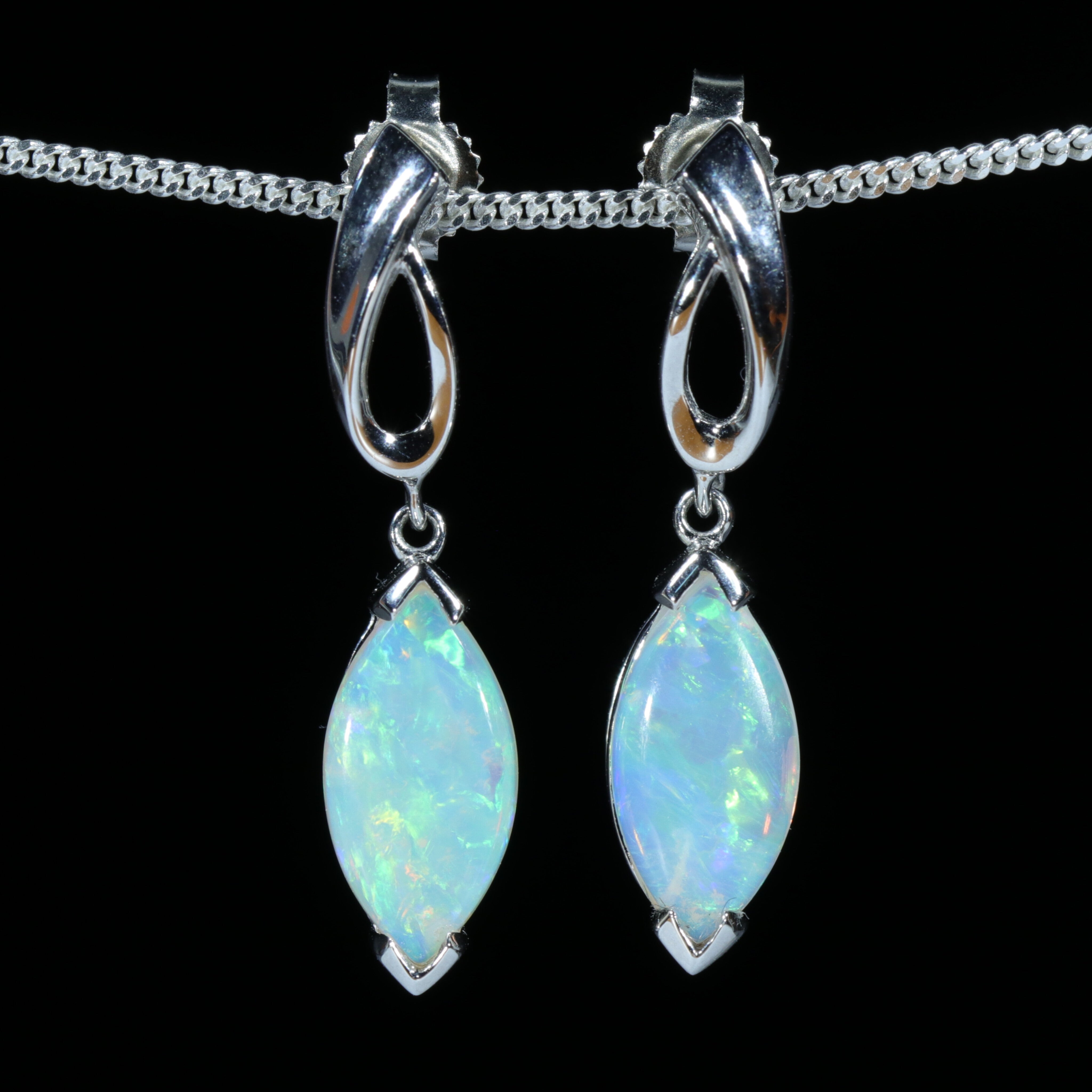 Australian Crystal Opal 14k White Gold Earrings (12mm x 6mm) Code EE29