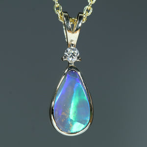 Natural Australian Crystal Opal Gold and Diamond Pendant - Australian Opal Shop Gold Coast