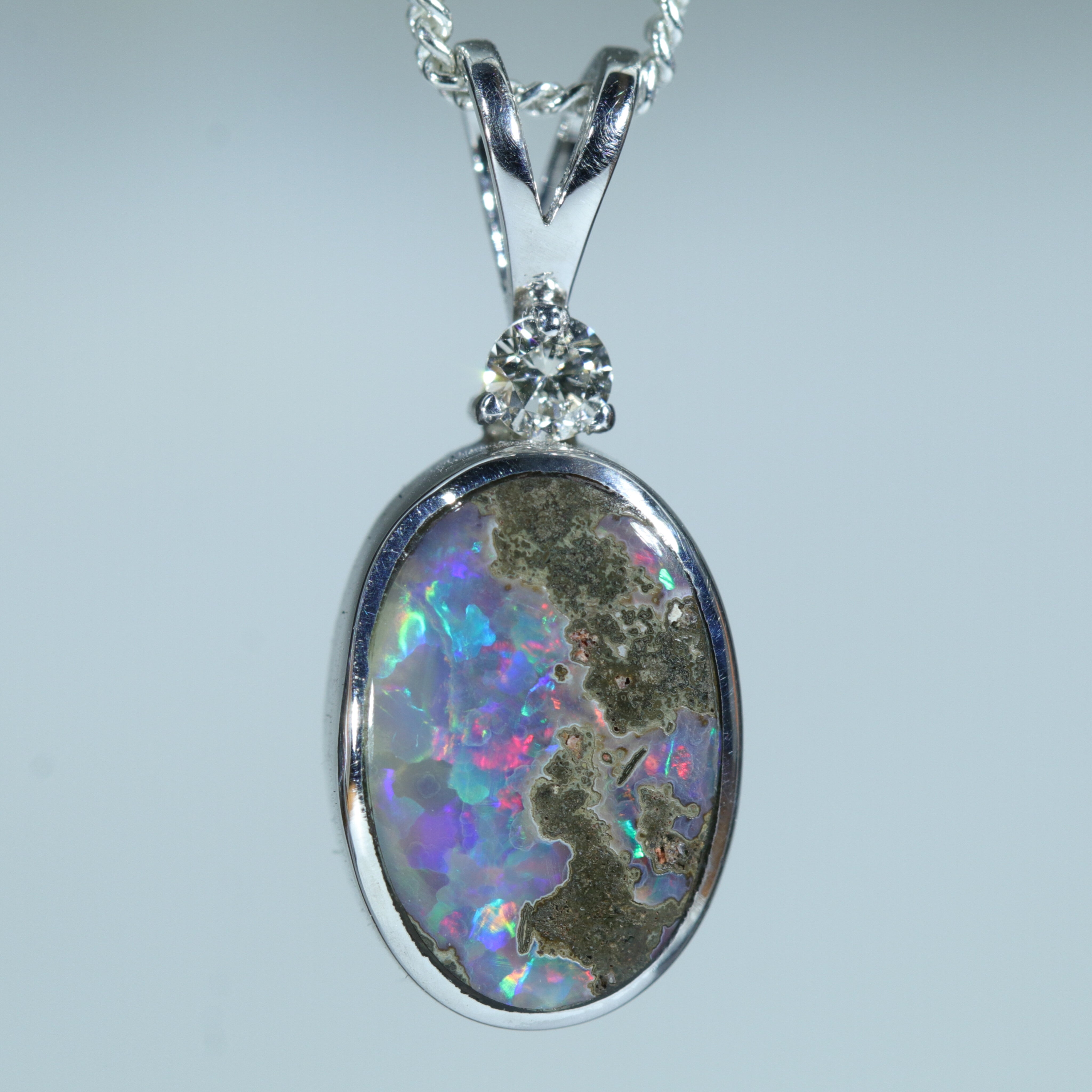 Natural Australian Boulder Opal and Natural Diamond Silver Pendant with Silver Chain (11.5mm x 7mm)  Code - Y26