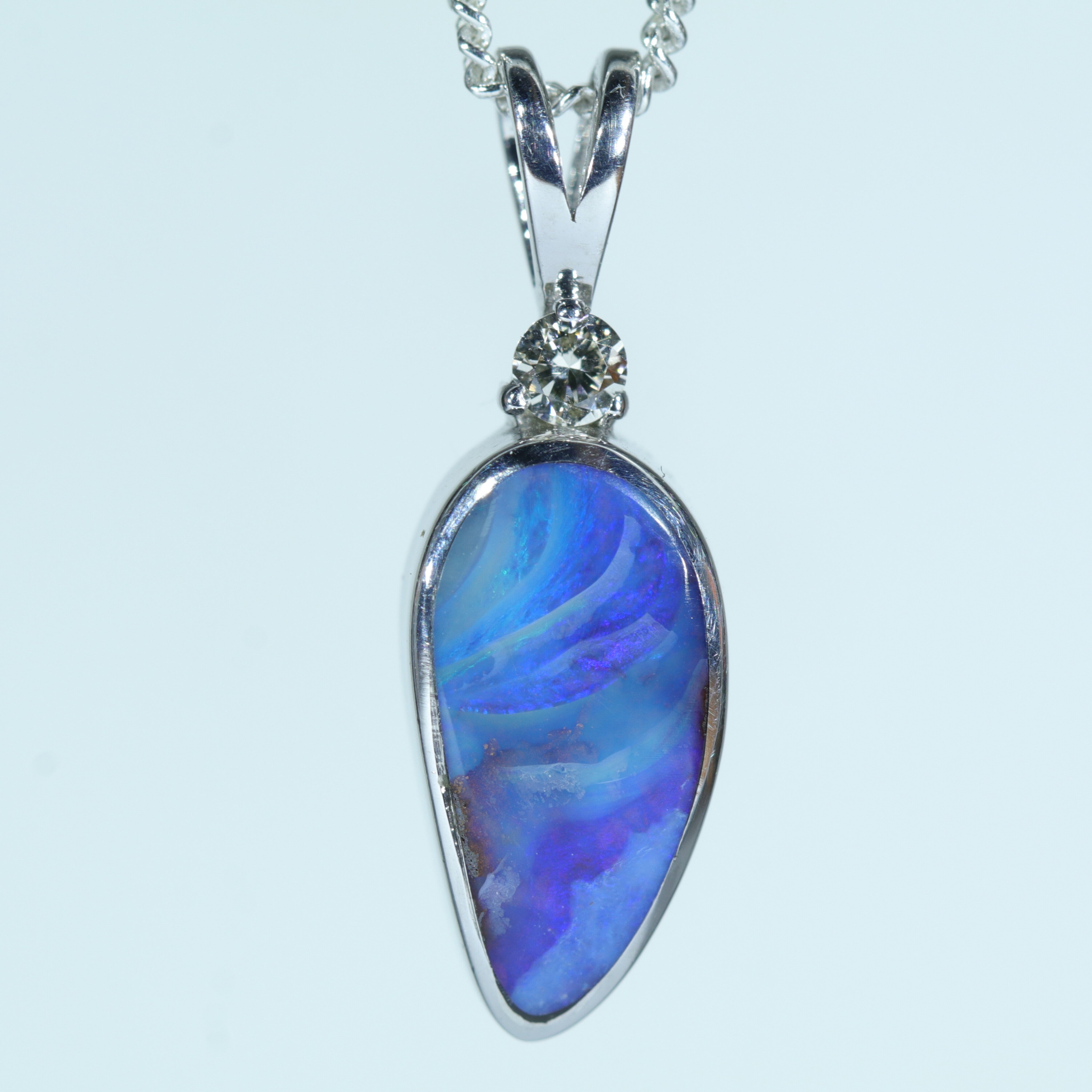 Natural Australian Boulder Opal and Natural Diamond Silver Pendant with Silver Chain (12.5mm x 6mm)  Code - Y31