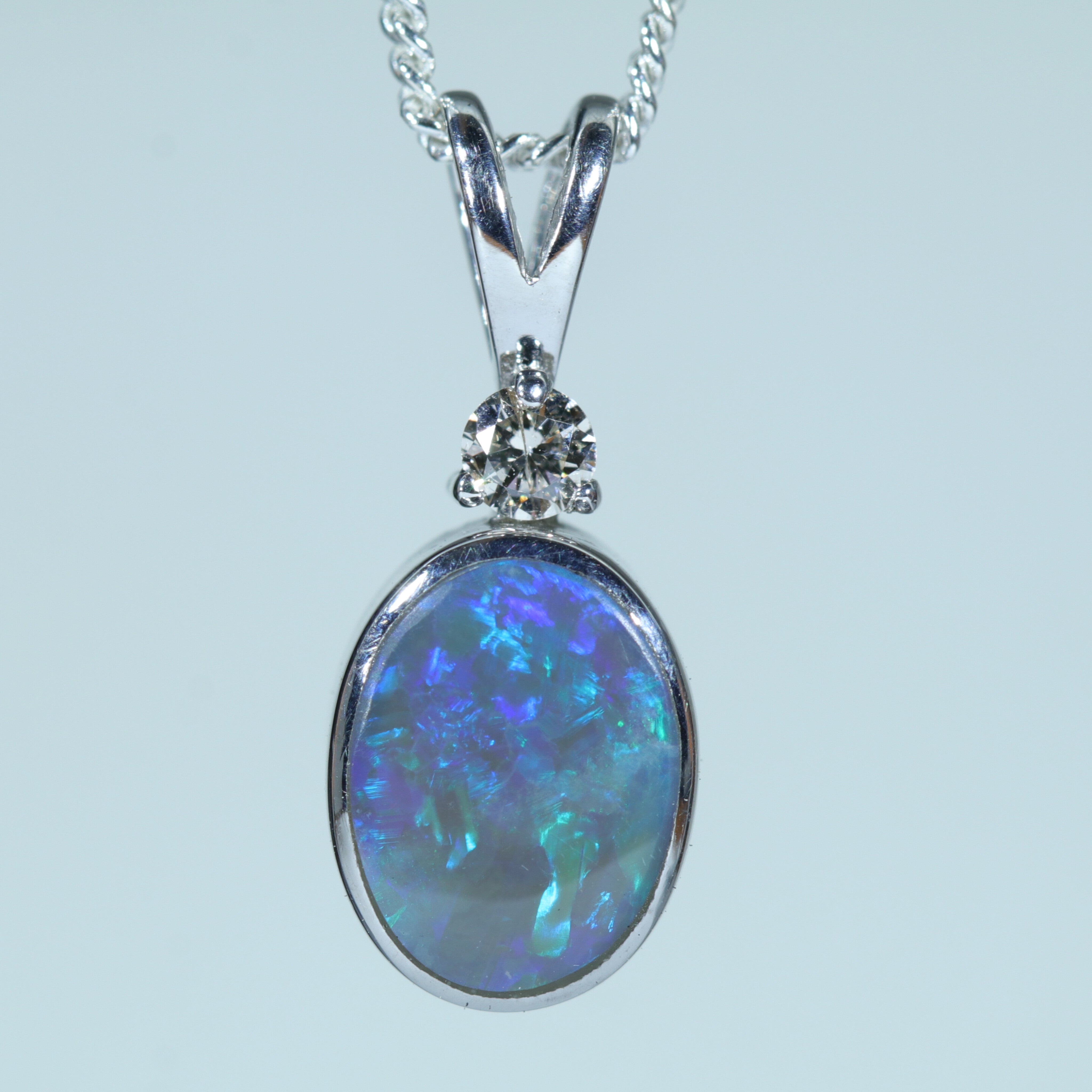 Australian Solid Opal and Diamond Silver Pendant with Silver Chain (8mm x 6mm) Code - Y39