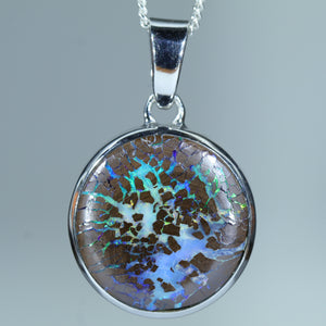 Natural Australian Boulder Opal Matrix Silver Pendant