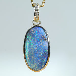 Natural Australian Solid Queensland Boulder Opal Gold and Diamond Pendant