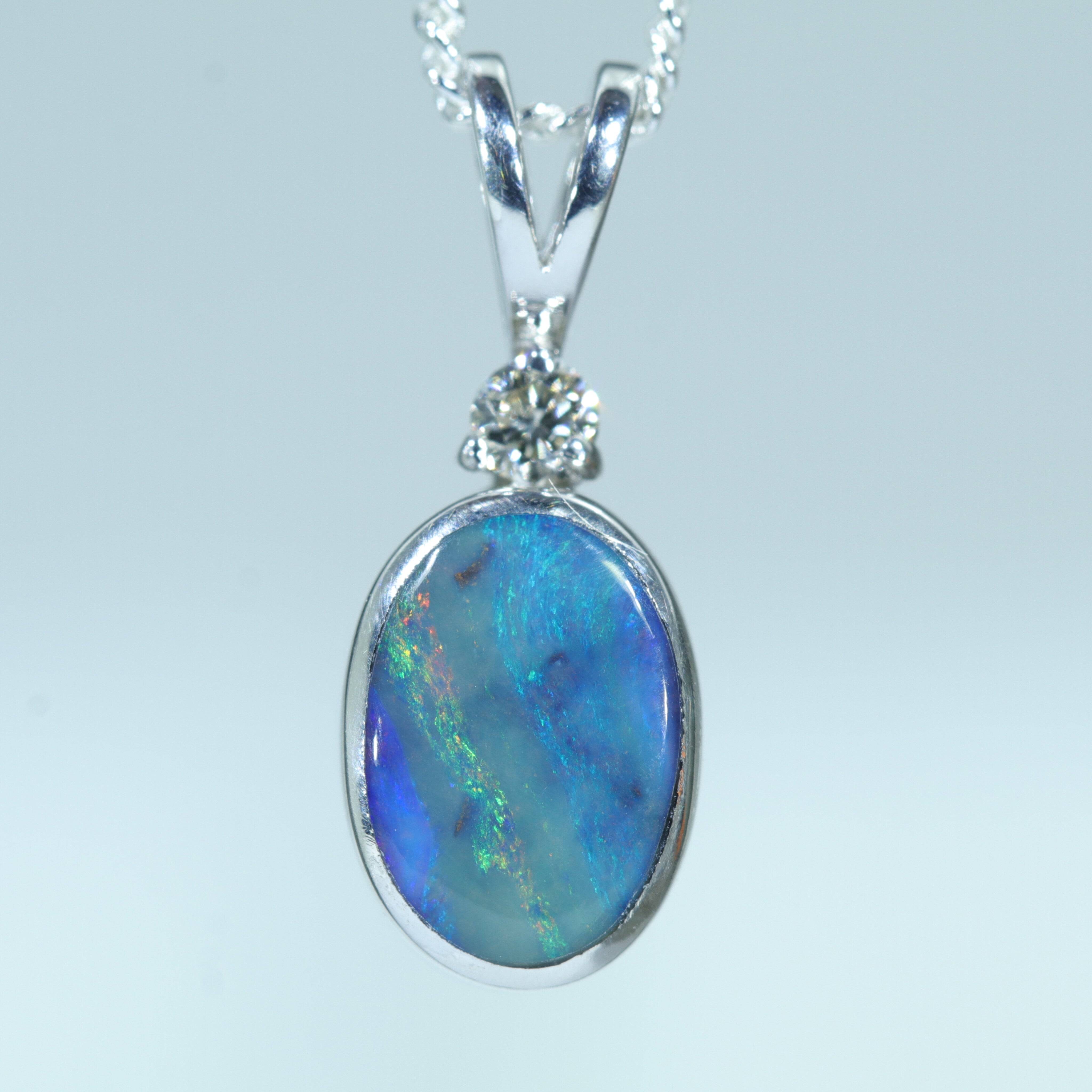 Australian Boulder Opal and Diamond Silver Pendant with Silver Chain (9mm x 5mm)  Code - FF522