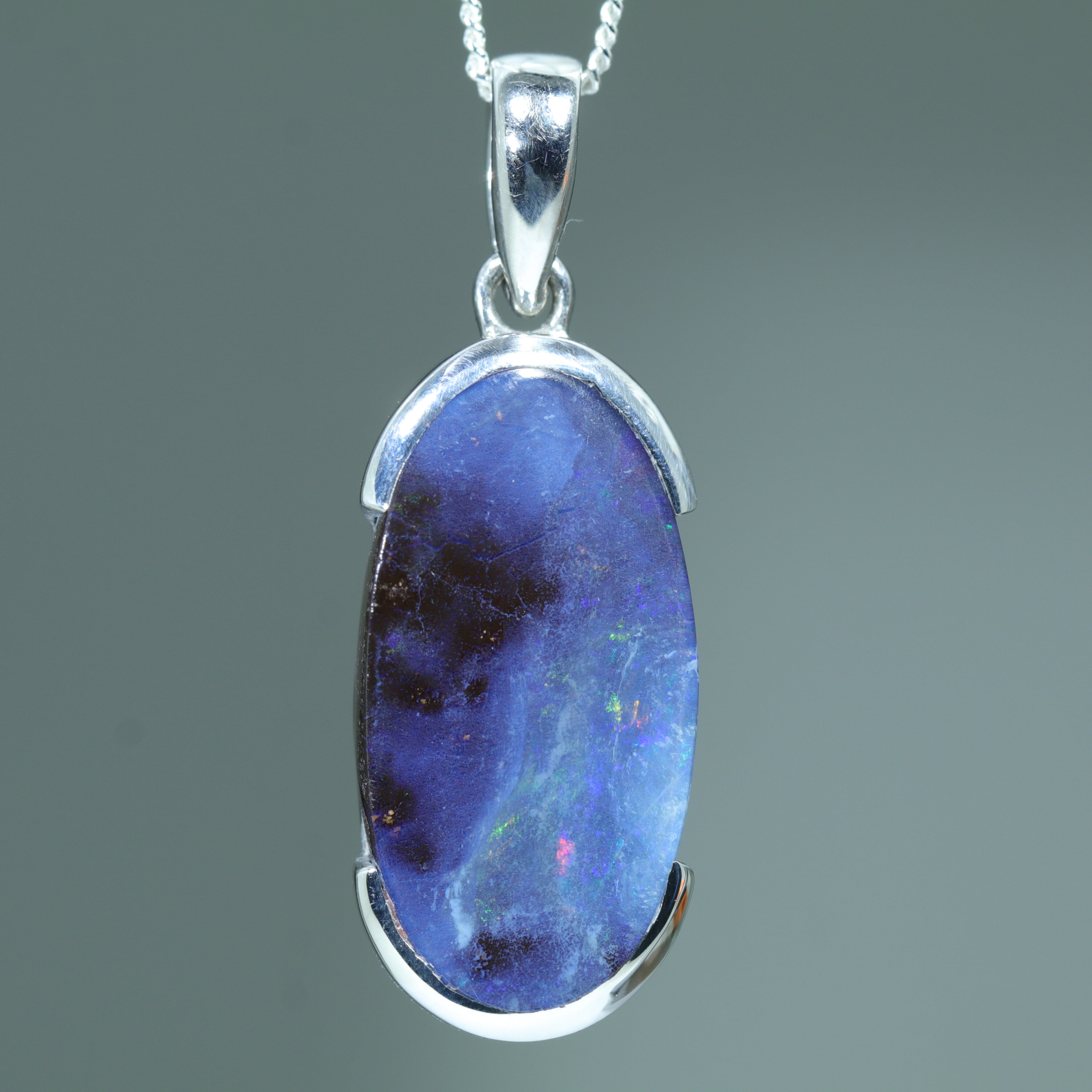 Australian Boulder Opal Silver Pendant with Silver Chain (23mm x 11mm) Code - FF520