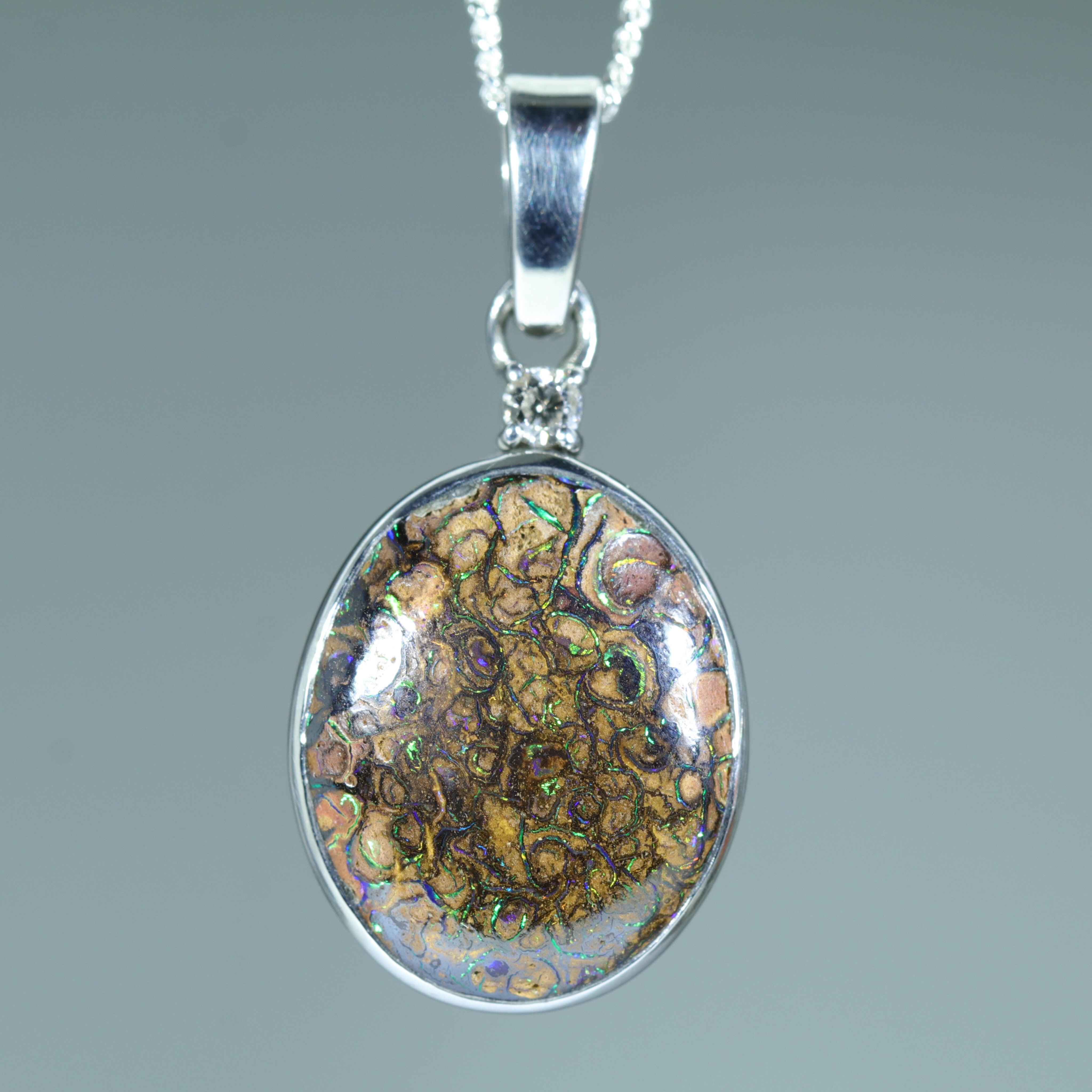 Australian Boulder Opal Matrix and Diamond Silver Pendant with Silver Chain (16mm x 12mm)  Code - Y14