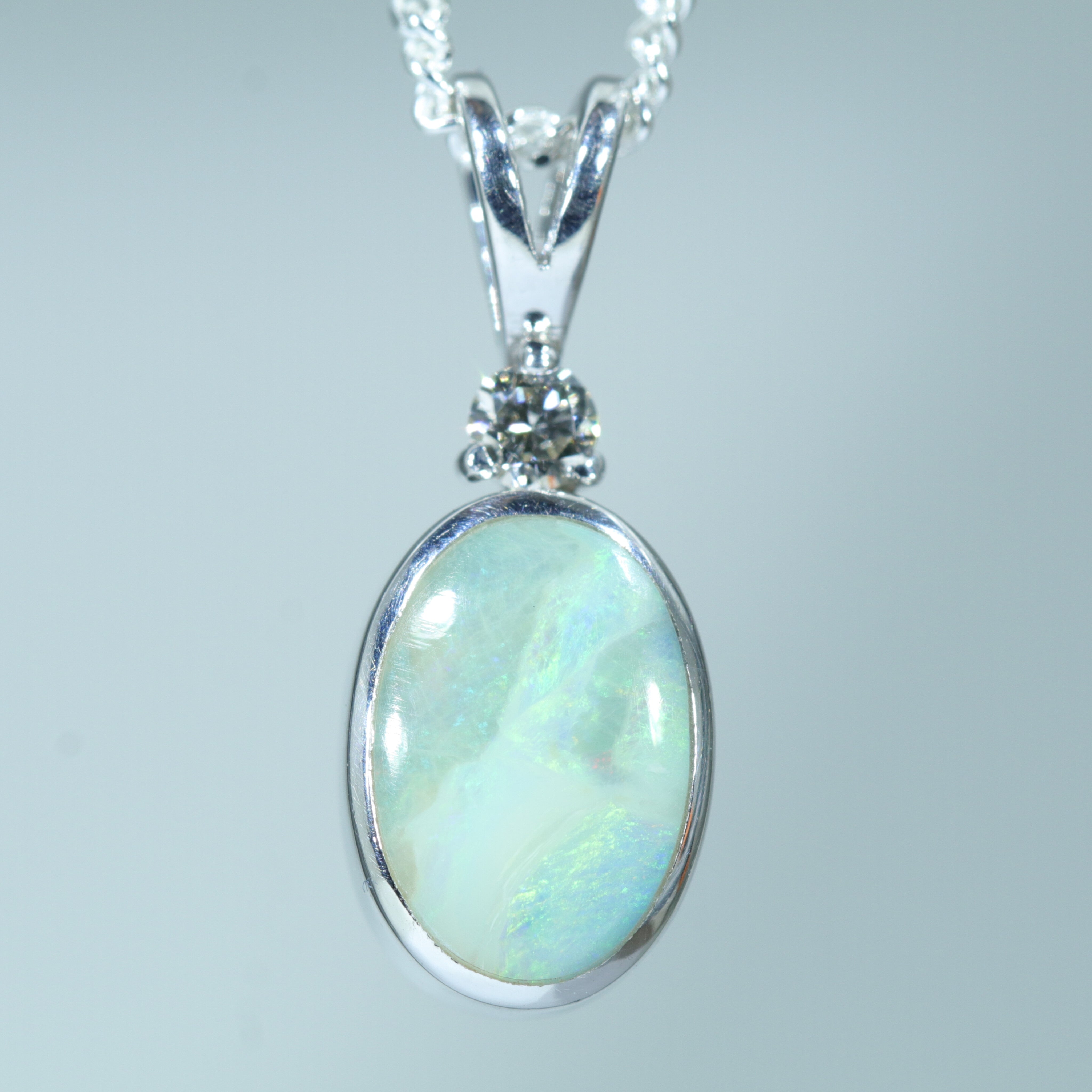 Australian Boulder Opal and  Diamond Silver Pendant with Silver Chain (9mm x 6mm)  Code - Y20