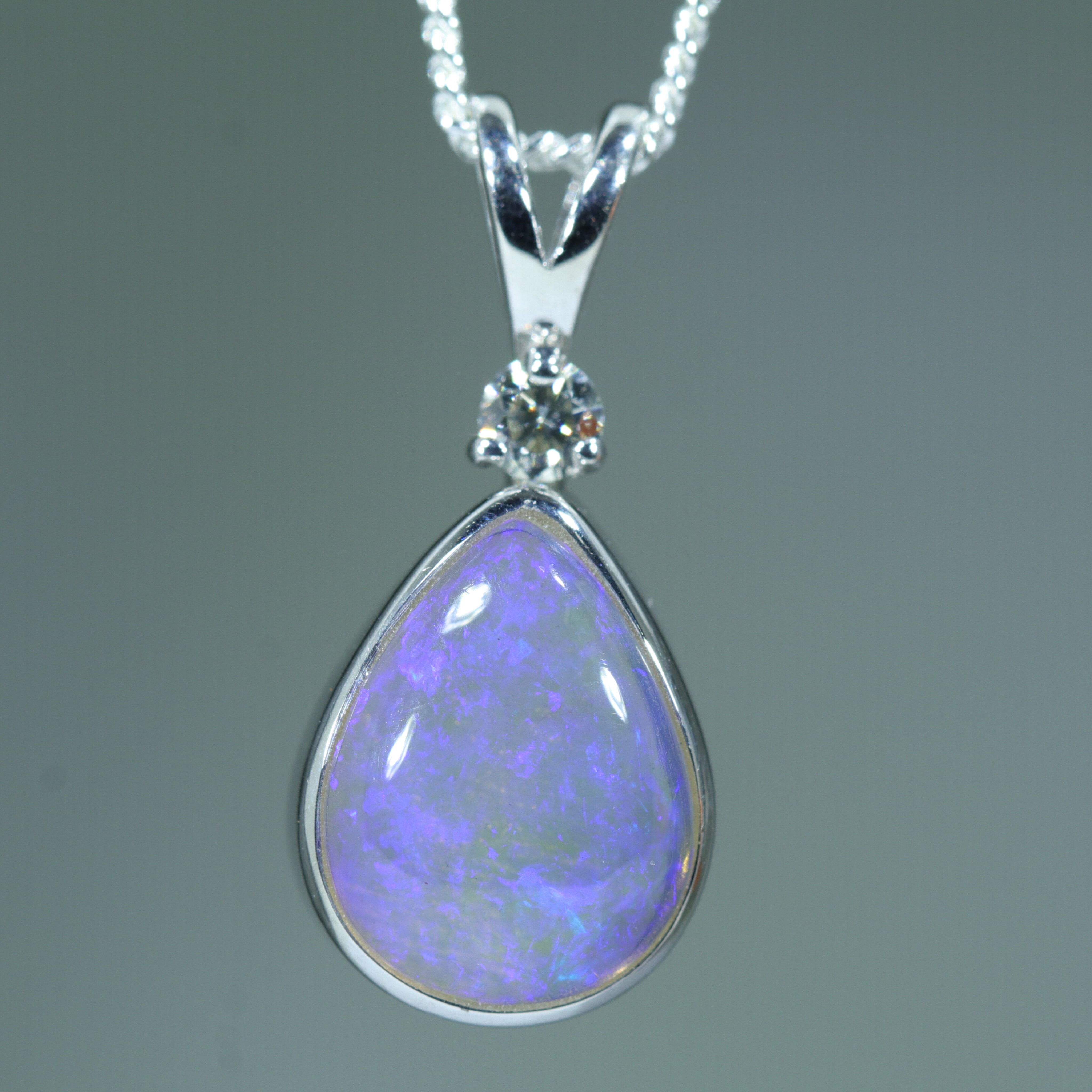 Lightning Ridge Crystal Opal and Diamond Silver Pendant with Silver Chain (10mm x 8mm) Code - Y19