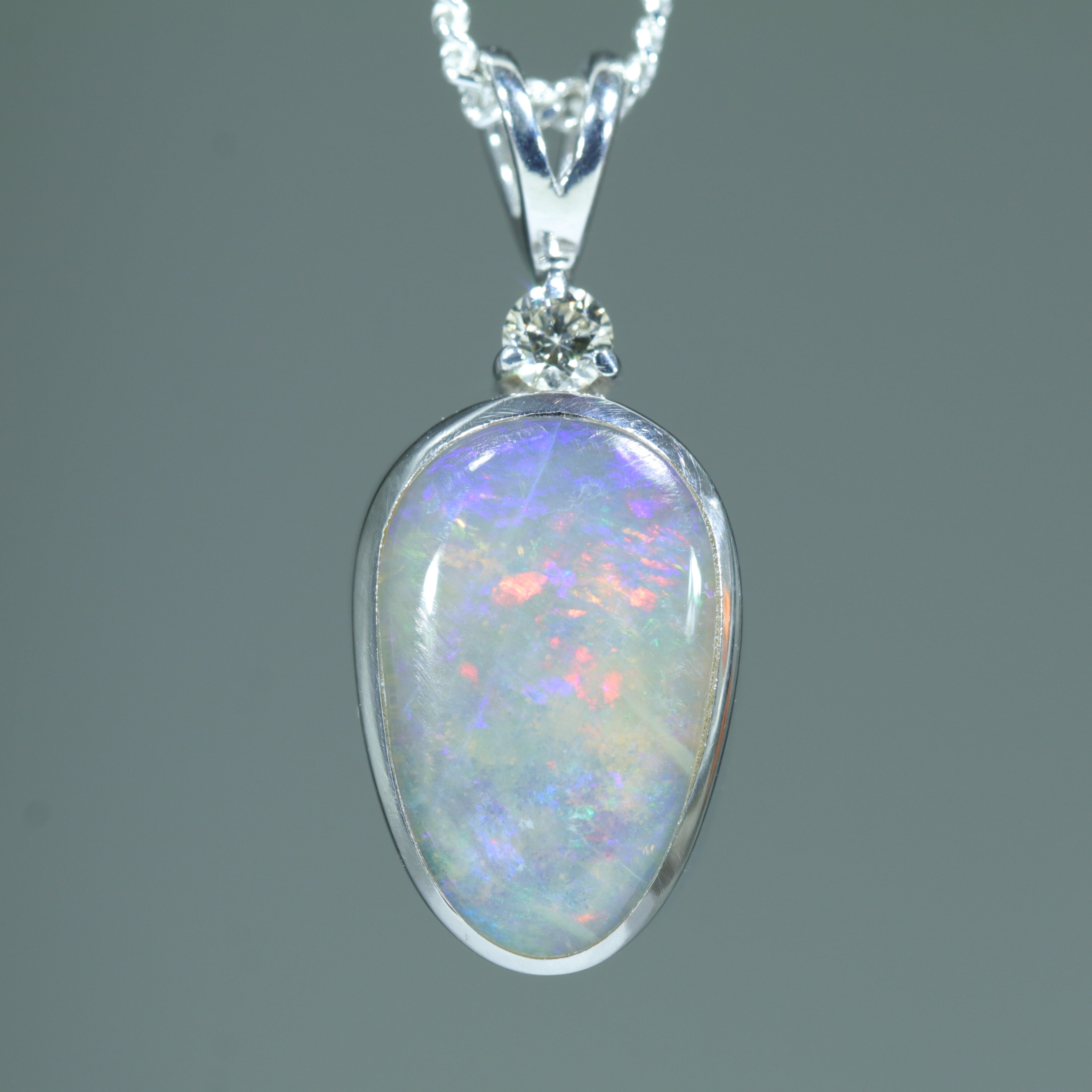 Australian Boulder Opal and Diamond Silver Pendant with Silver Chain (12mm x 8mm)  Code - Y119