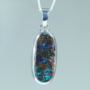 Natural Australian Solid Queensland Boulder Opal Silver Pendant