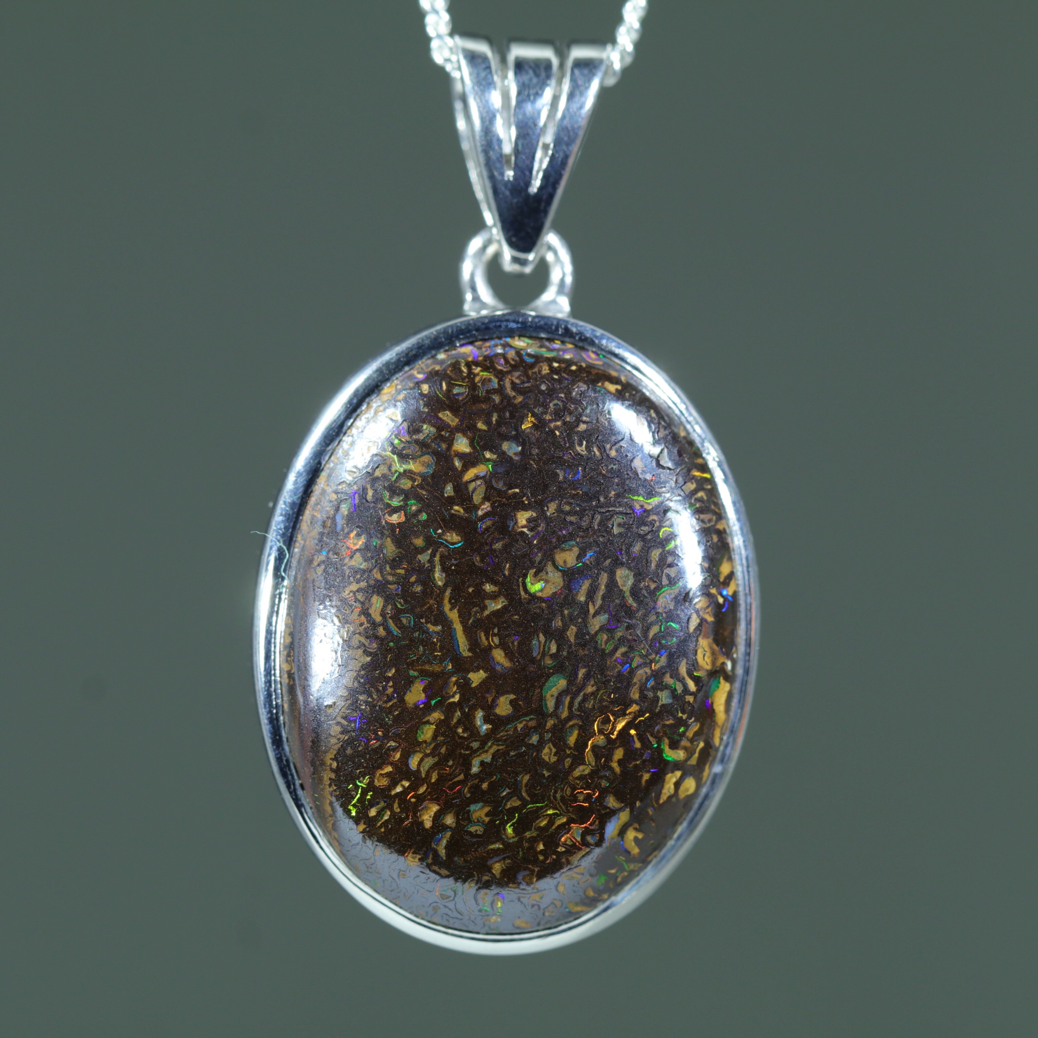 Australian Boulder Opal Matrix Silver Pendant with Silver Chain (22mm x 17mm) Code - Y150