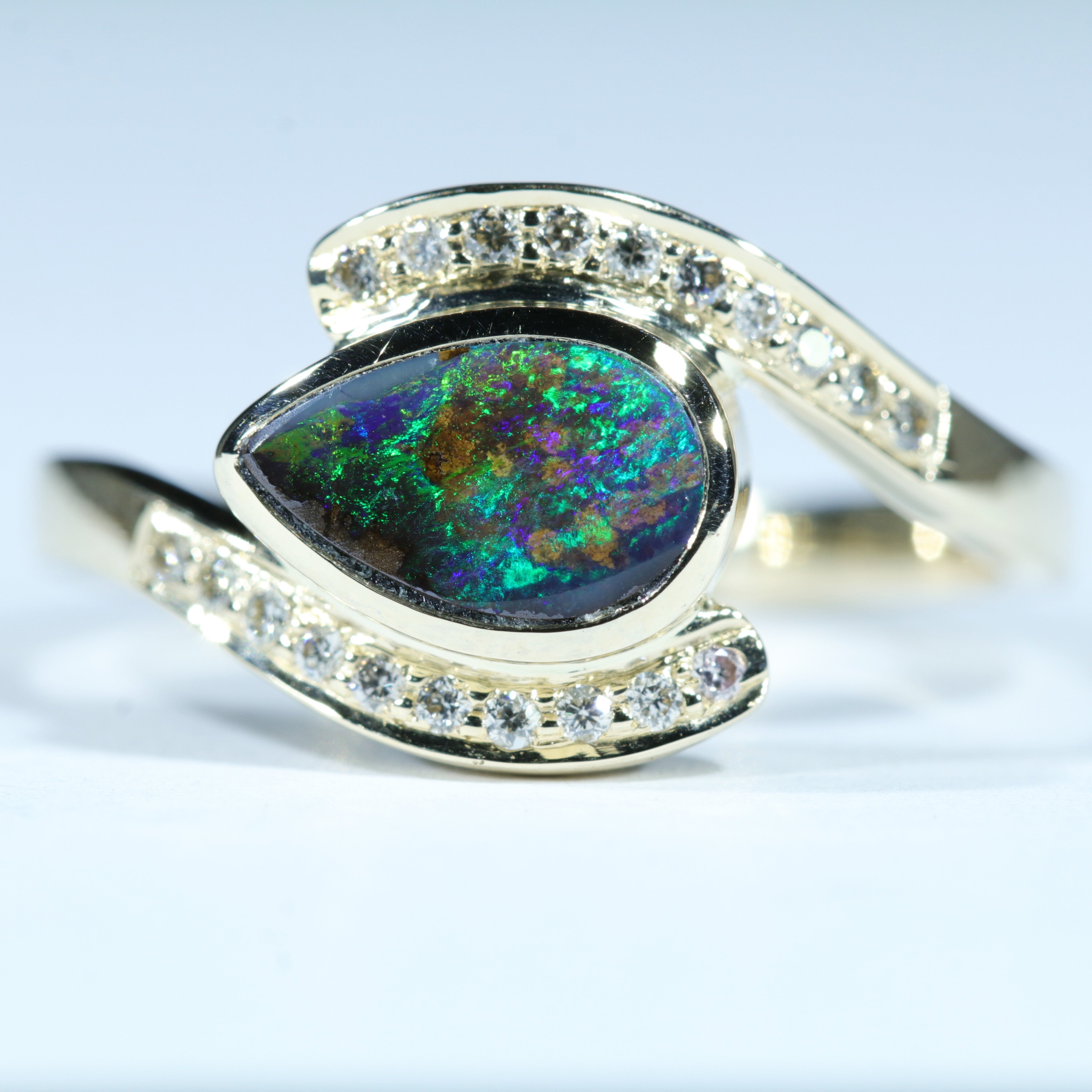 Natural Solid Australian Boulder Opal and Diamond Gold Ring - Size 6.75  US Code - V022