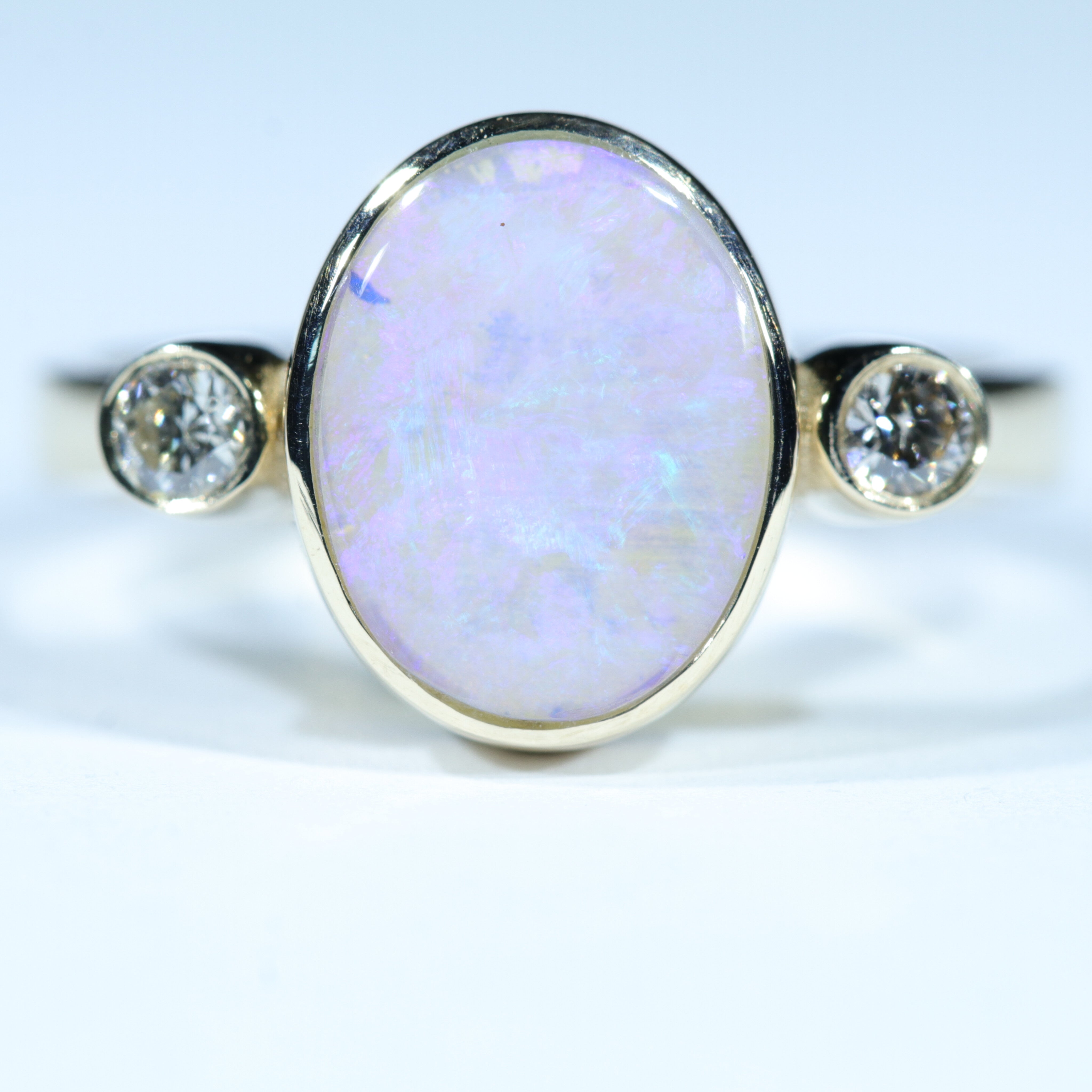 Lightning Ridge Crystal Opal and Diamond Gold Ring - Size 6.75 US Code - V021