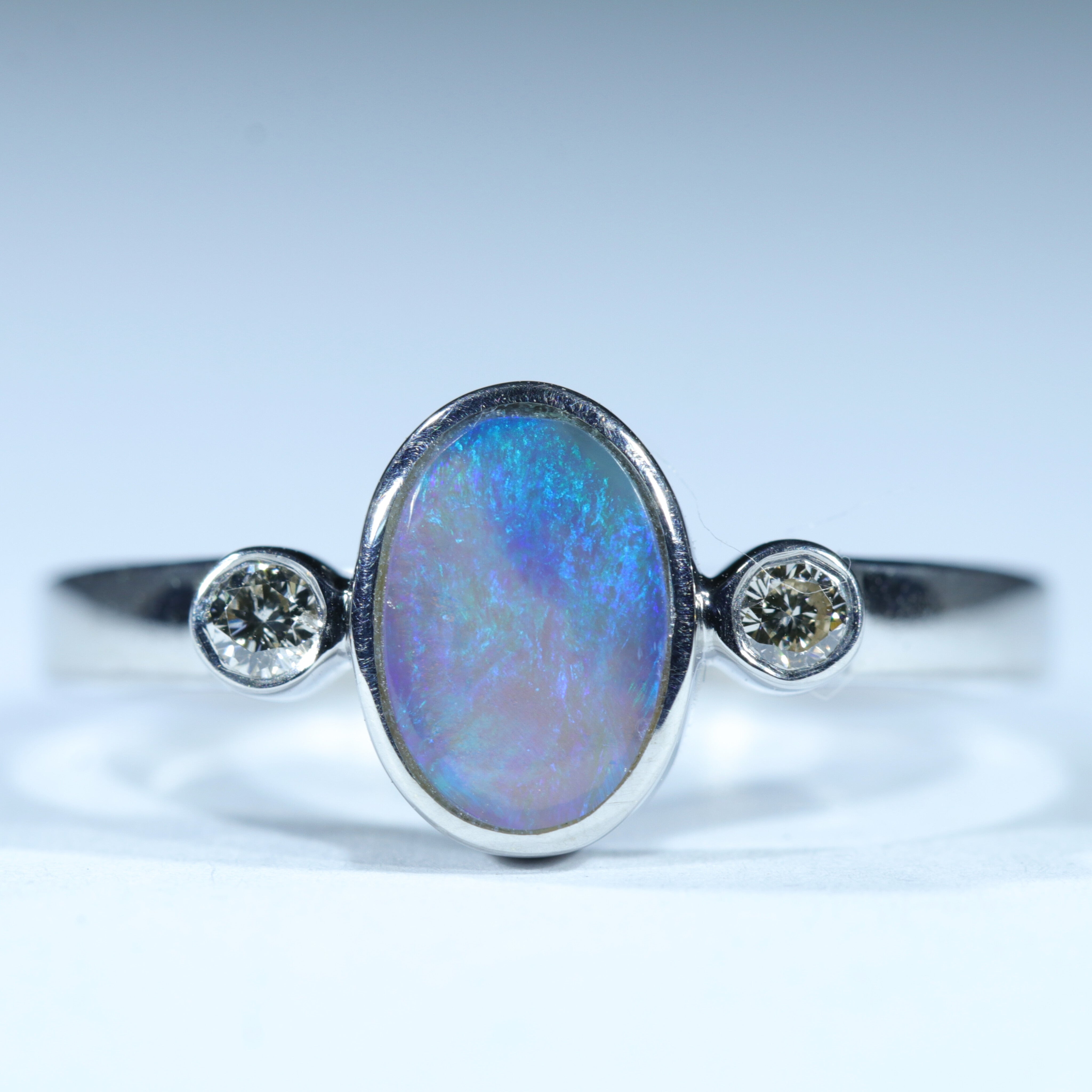 Lightning Ridge Solid Dark Opal and Diamond Silver Ring - Size 8 Code CC419