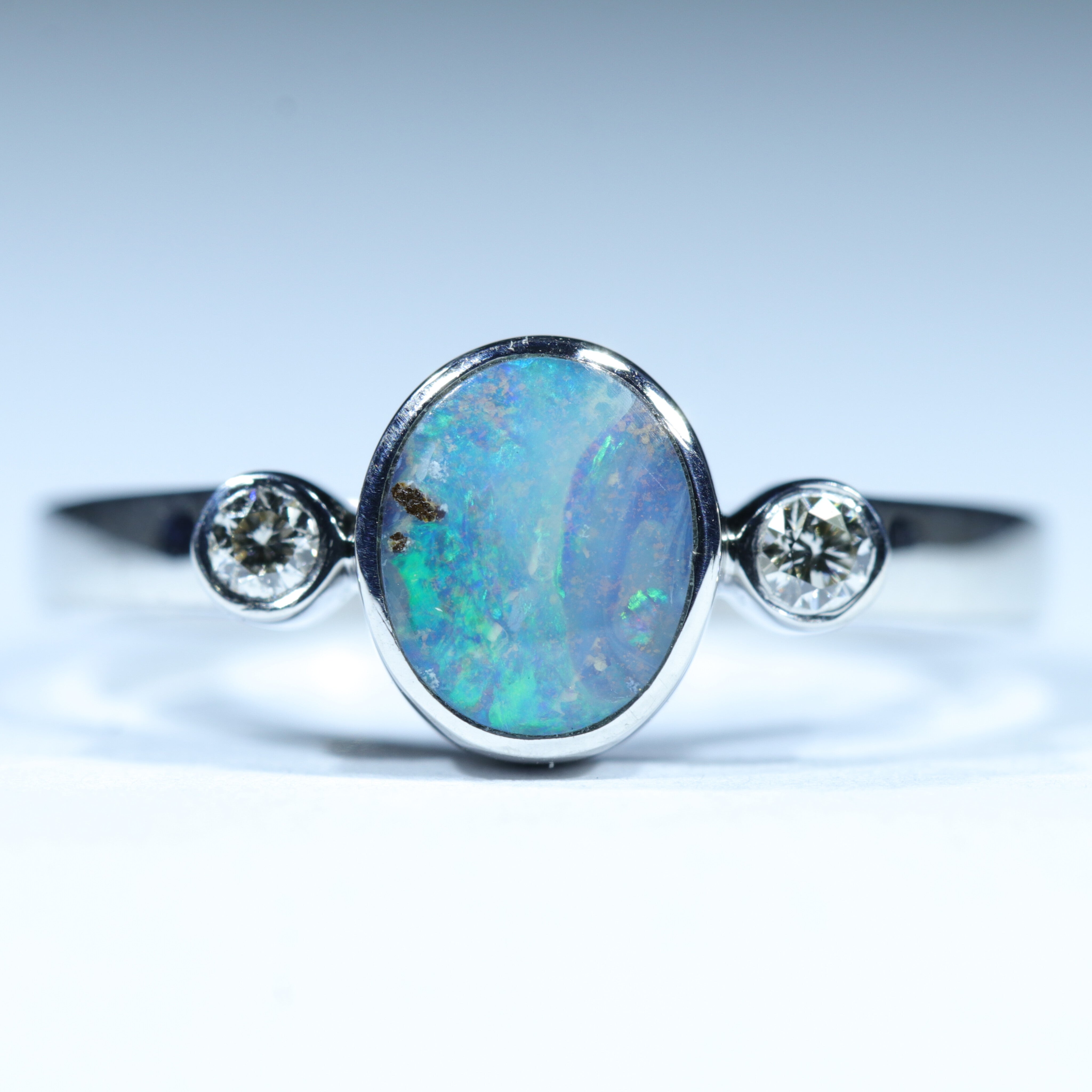 Australian Solid Boulder Opal and Diamond Silver Ring - Size 8 Code CC424