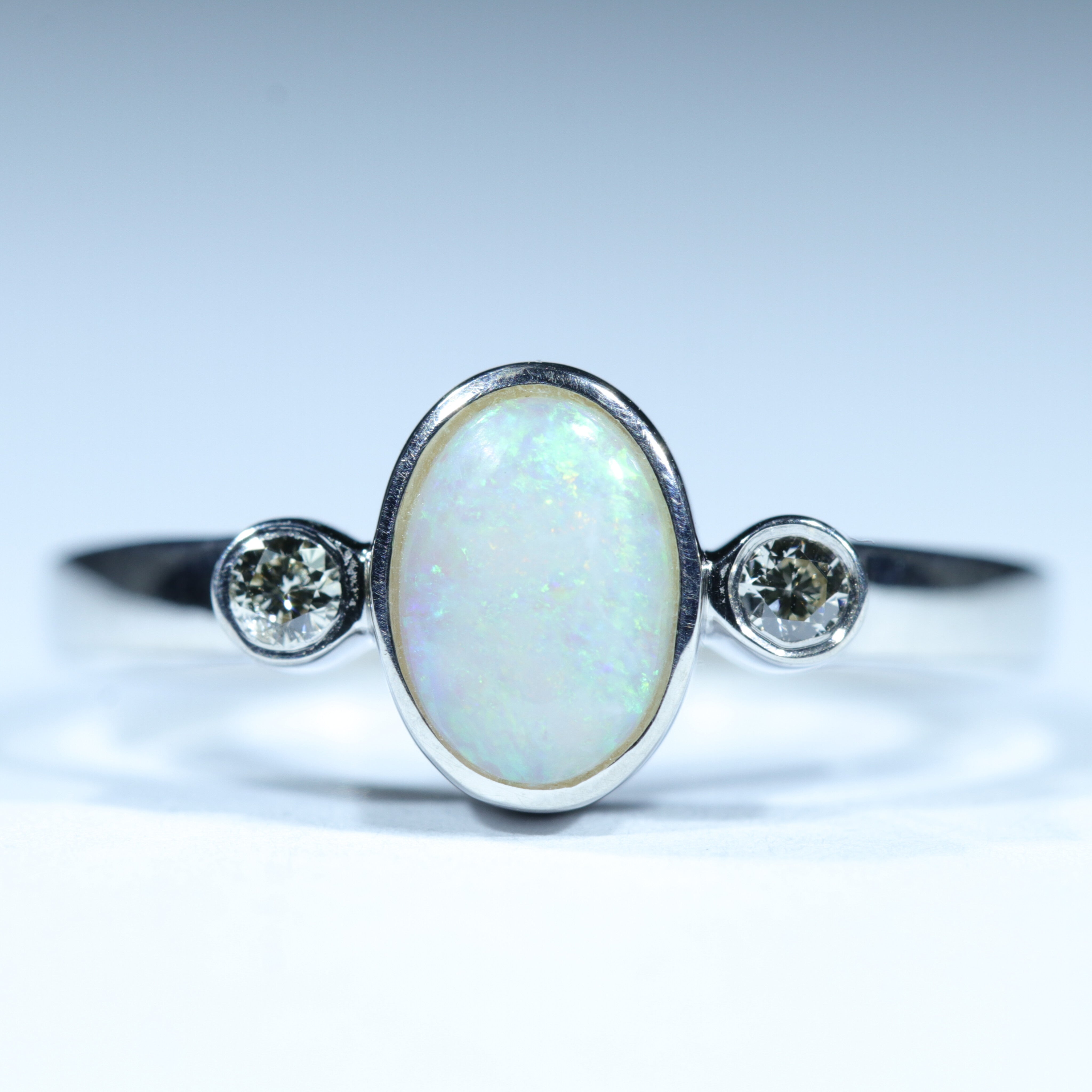 Lightning Ridge Solid Opal and Diamond Silver Ring - Size 7.5 Code CC415