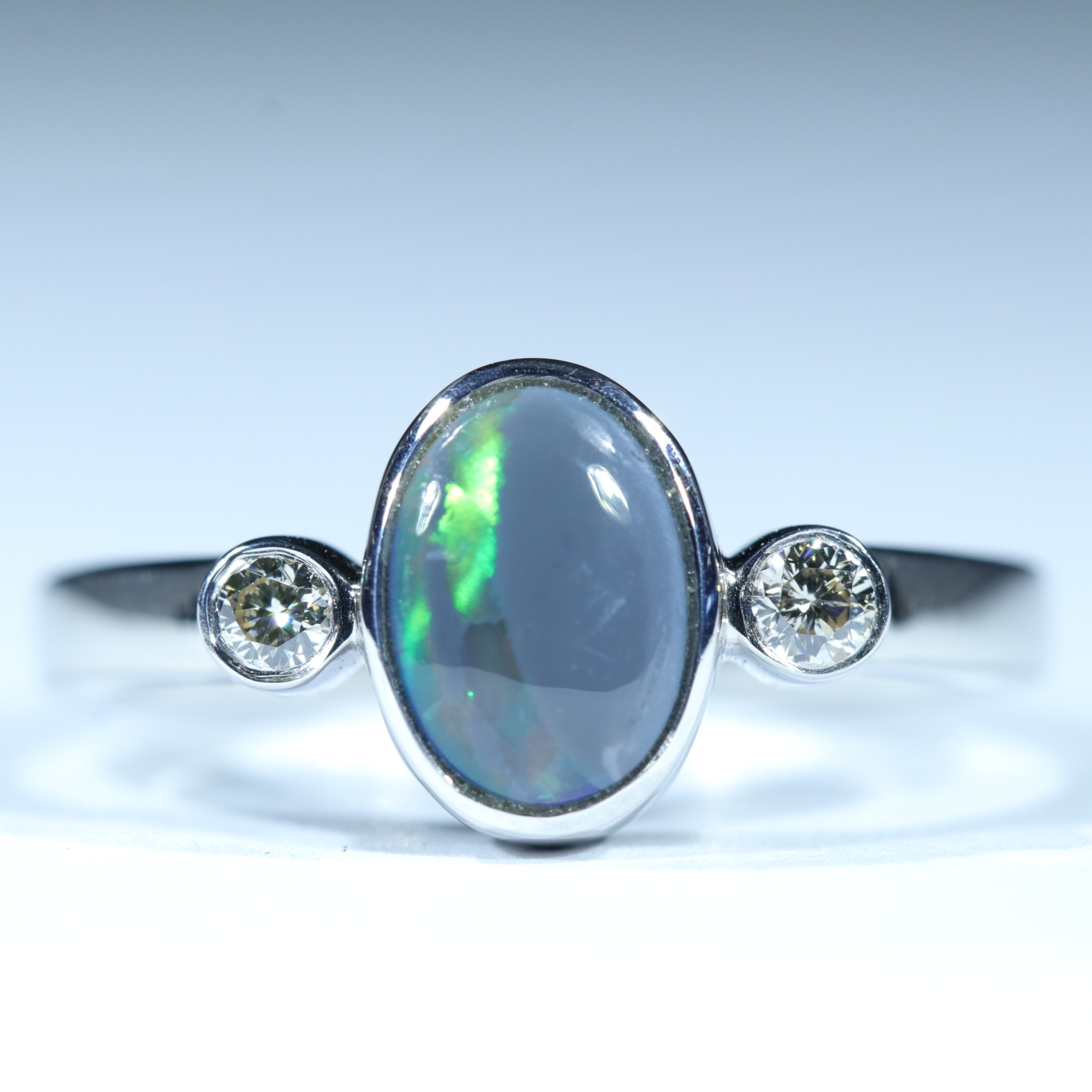 Lightning Ridge Solid Black Opal and Diamond Silver Ring - Size 6.75 Code CC418