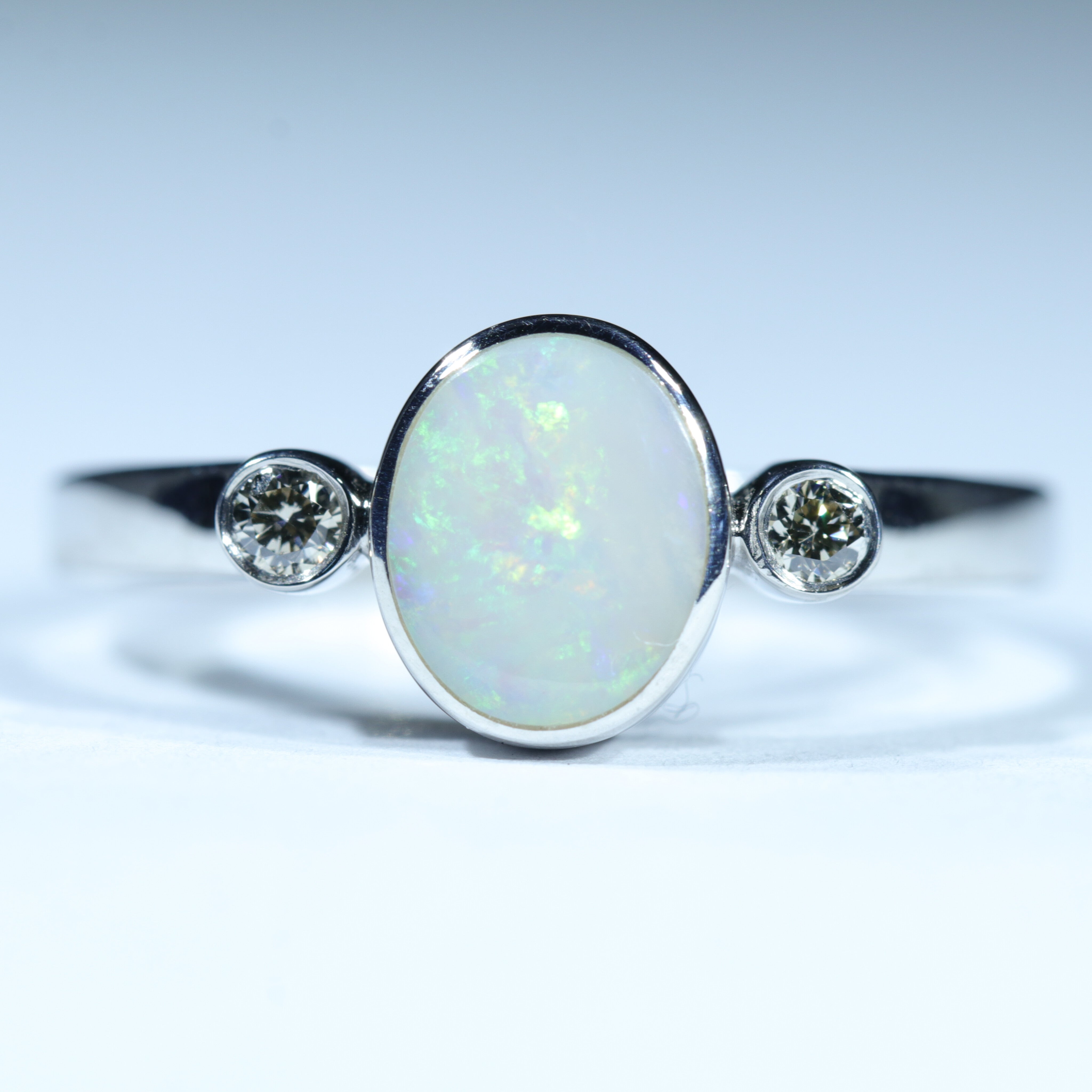 Lightning Ridge Solid Opal and Diamond Silver Ring - Size 9.5 Code CC429