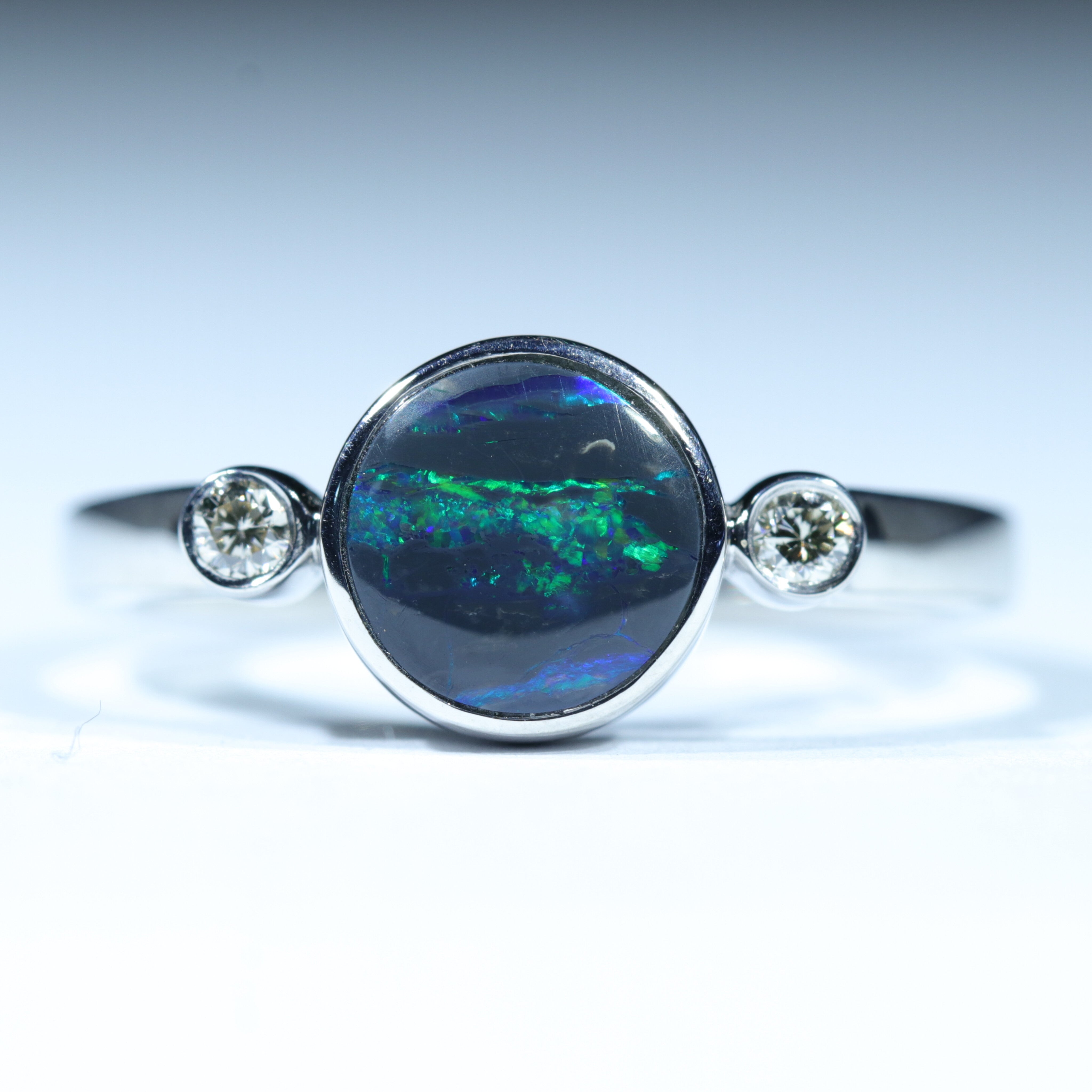 Australian Black Opal Silver and Diamond Ring - Main Image