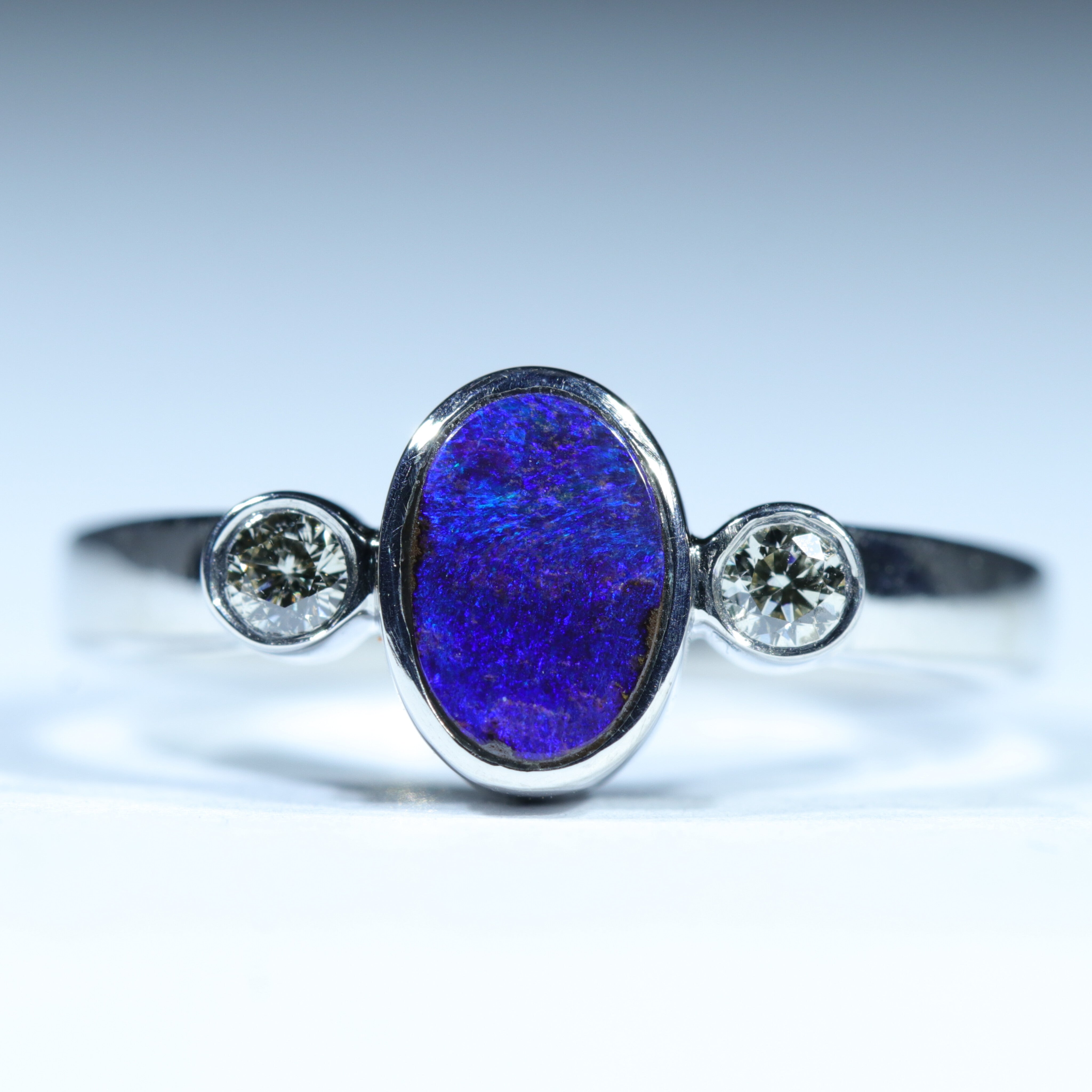 Australian Solid Boulder Opal and Diamond Silver Ring - Size 5.5 Code CC410