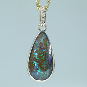 Natural Australian Boulder Opal Matrix Gold and Diamond Pendant