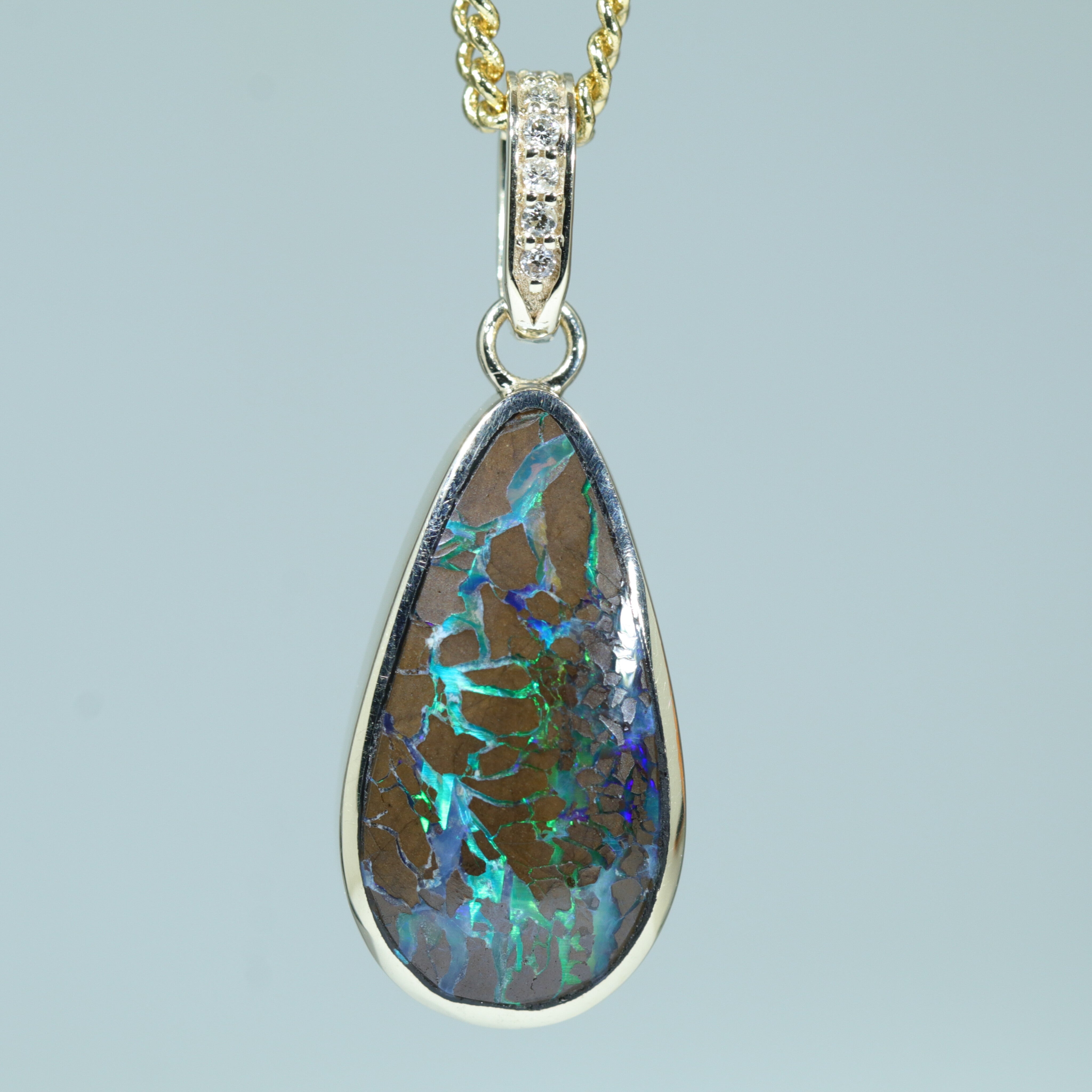 Queensland Boulder Opal Matrix and Diamond Gold Pendant (17.5mm x 9.5mm) Code - Z44