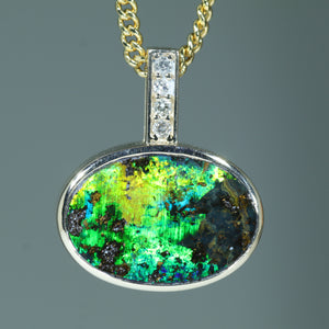 Natural Australian Boulder Opal Gold and Diamond Pendant