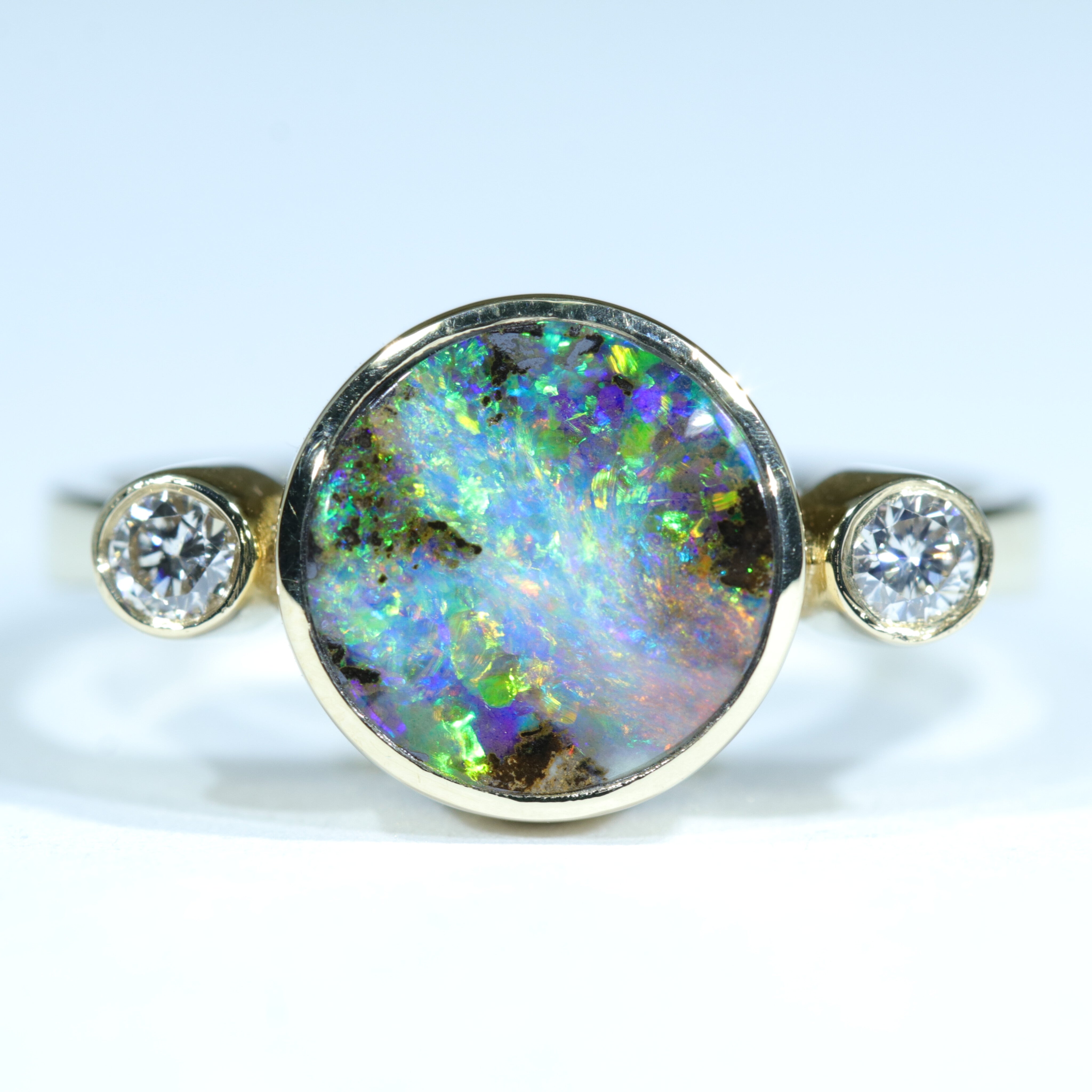 Natural Solid Australian Boulder Opal and Diamond 18k Gold Ring - Size 7.5  US Code - V25