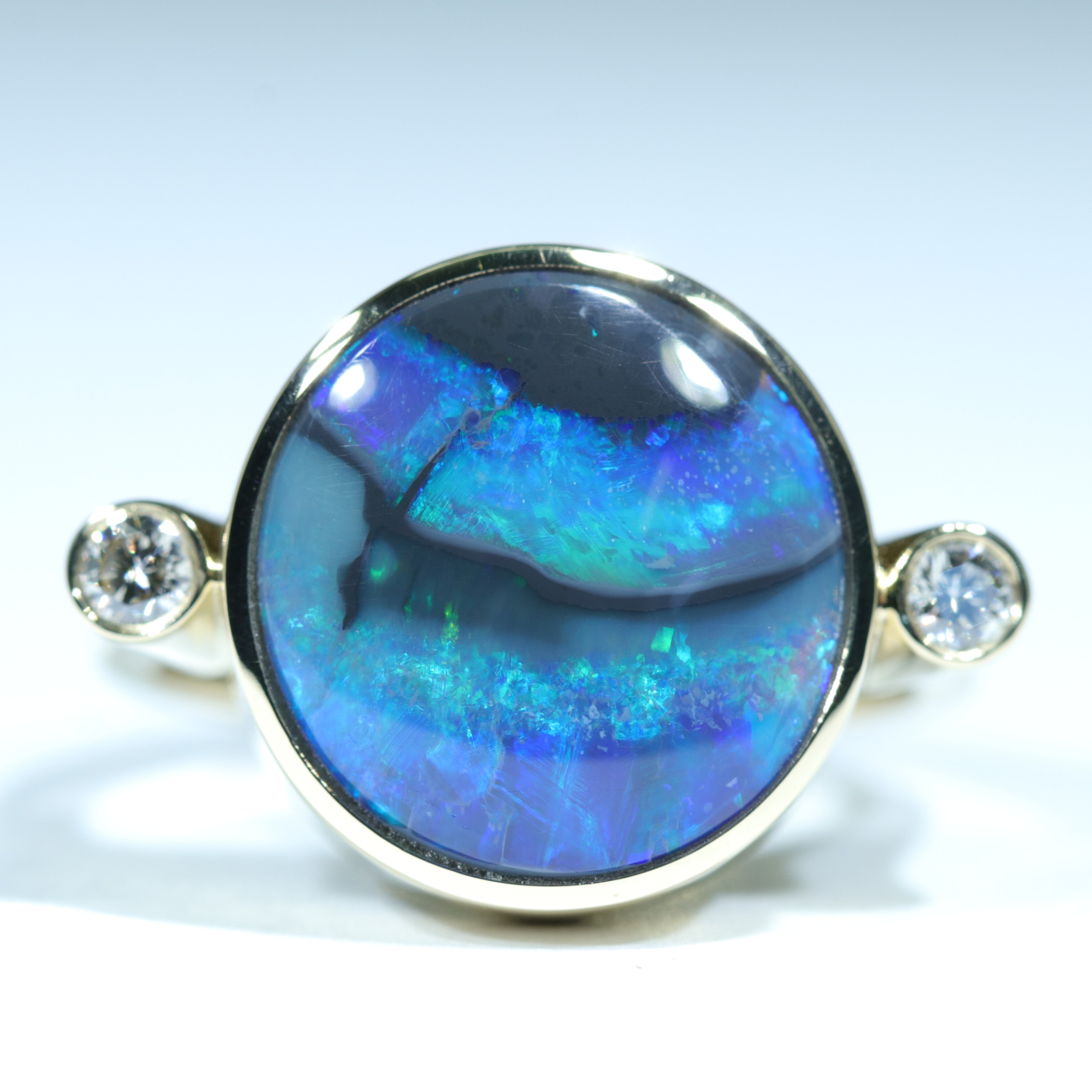 Lightning Ridge Black Opal and Diamond 18K Gold Ring Size 7.75 Code - V26
