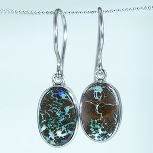 Natural Australian Solid Queensland Boulder Opal Matrix Silver Earrings