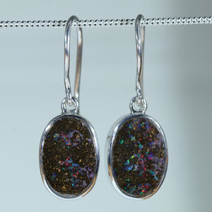 Natural Australian Boulder Opal Matrix Silver Drop Earrings