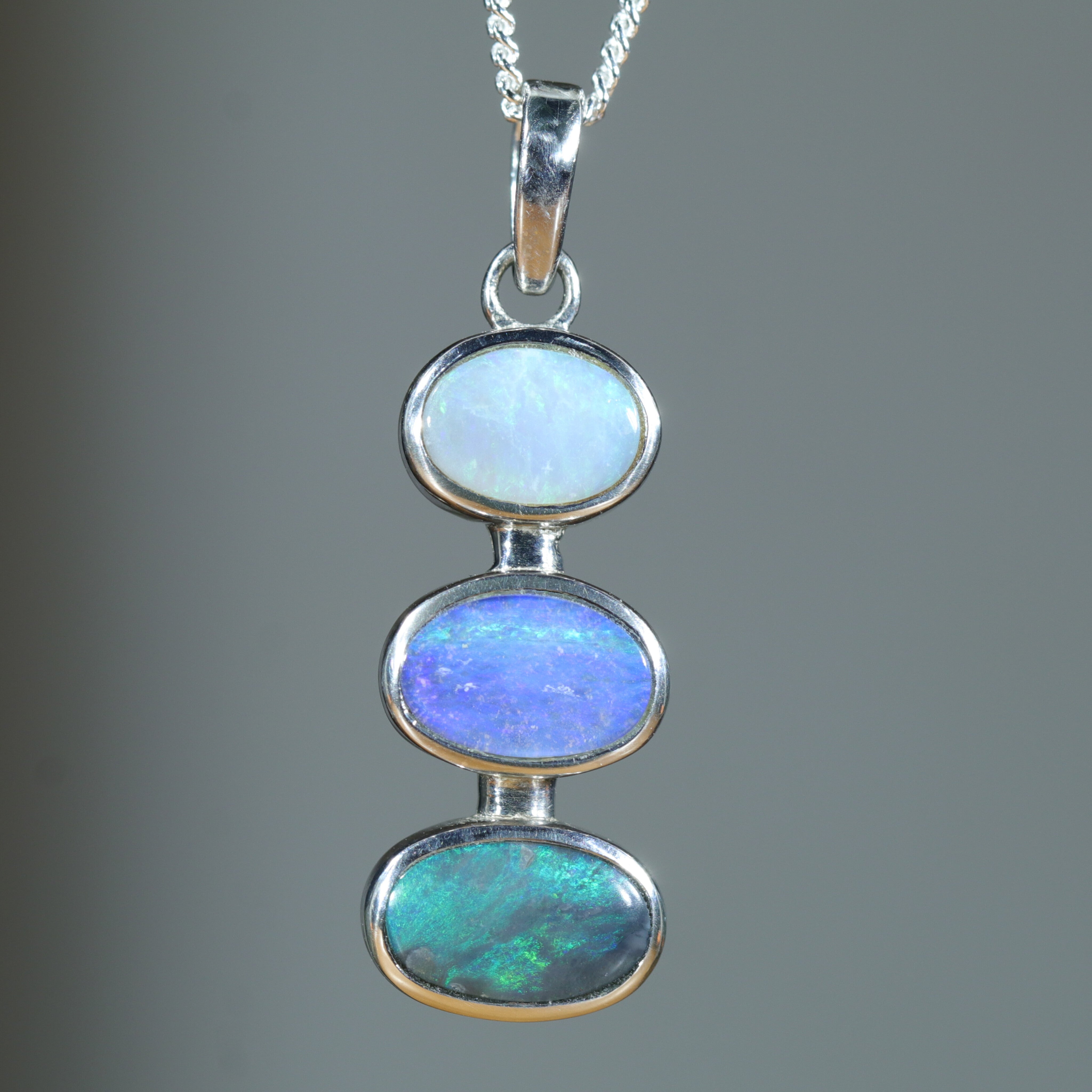 Australian Boulder Opal and Dark Opal Silver Pendant with Silver Chain (8.5mm x 5.5mm) Code - Y214