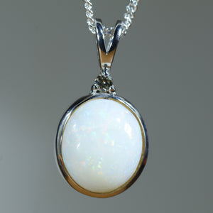 Natural Australian Solid Coober Pedy White Opal Silver and Diamond Pendant