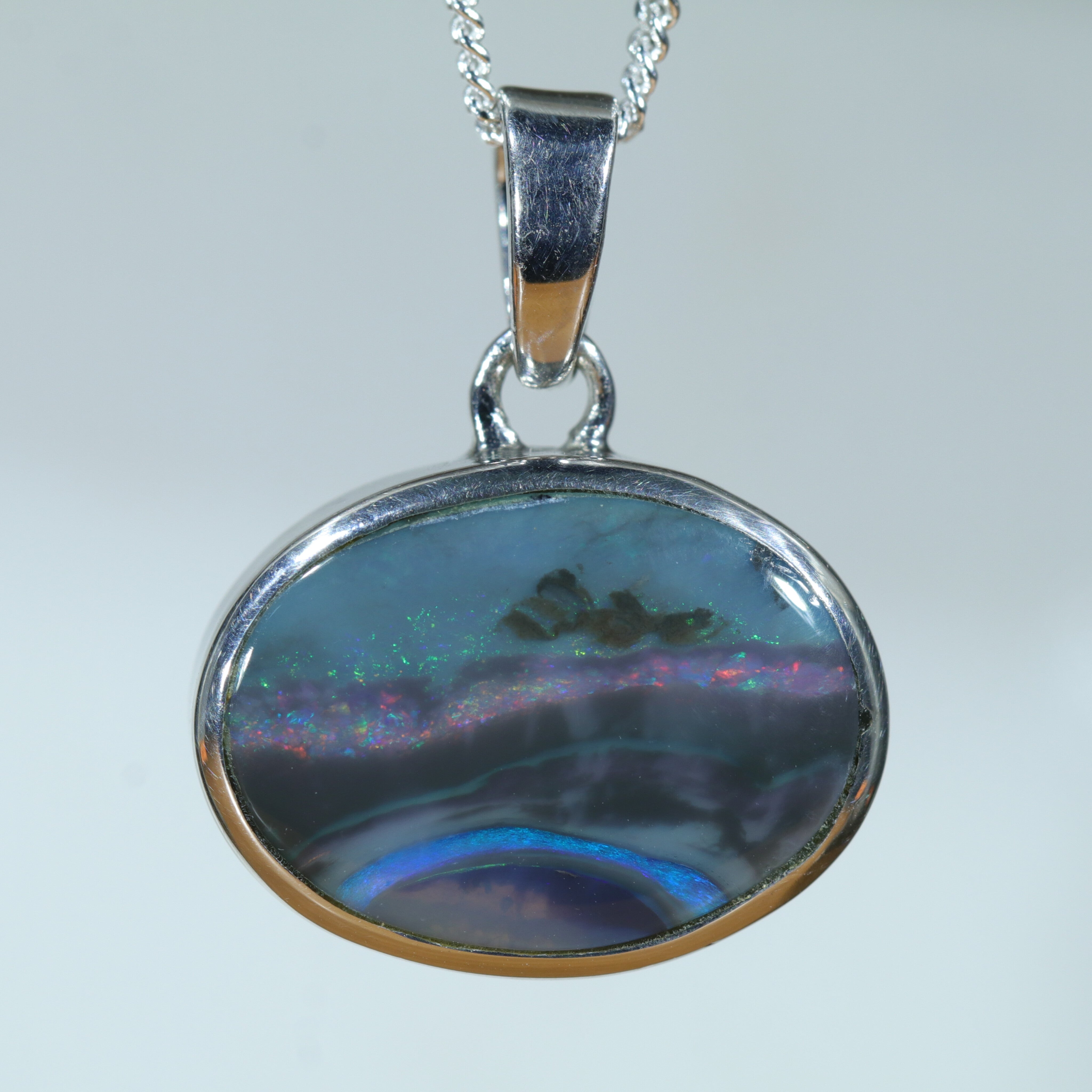 Lightning Ridge Solid Dark Opal Silver Pendant with Silver Chain (16mm x 12mm) Code - FF488