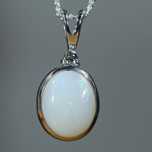 Natural Australian White Opal Silver and Diamond Pendant