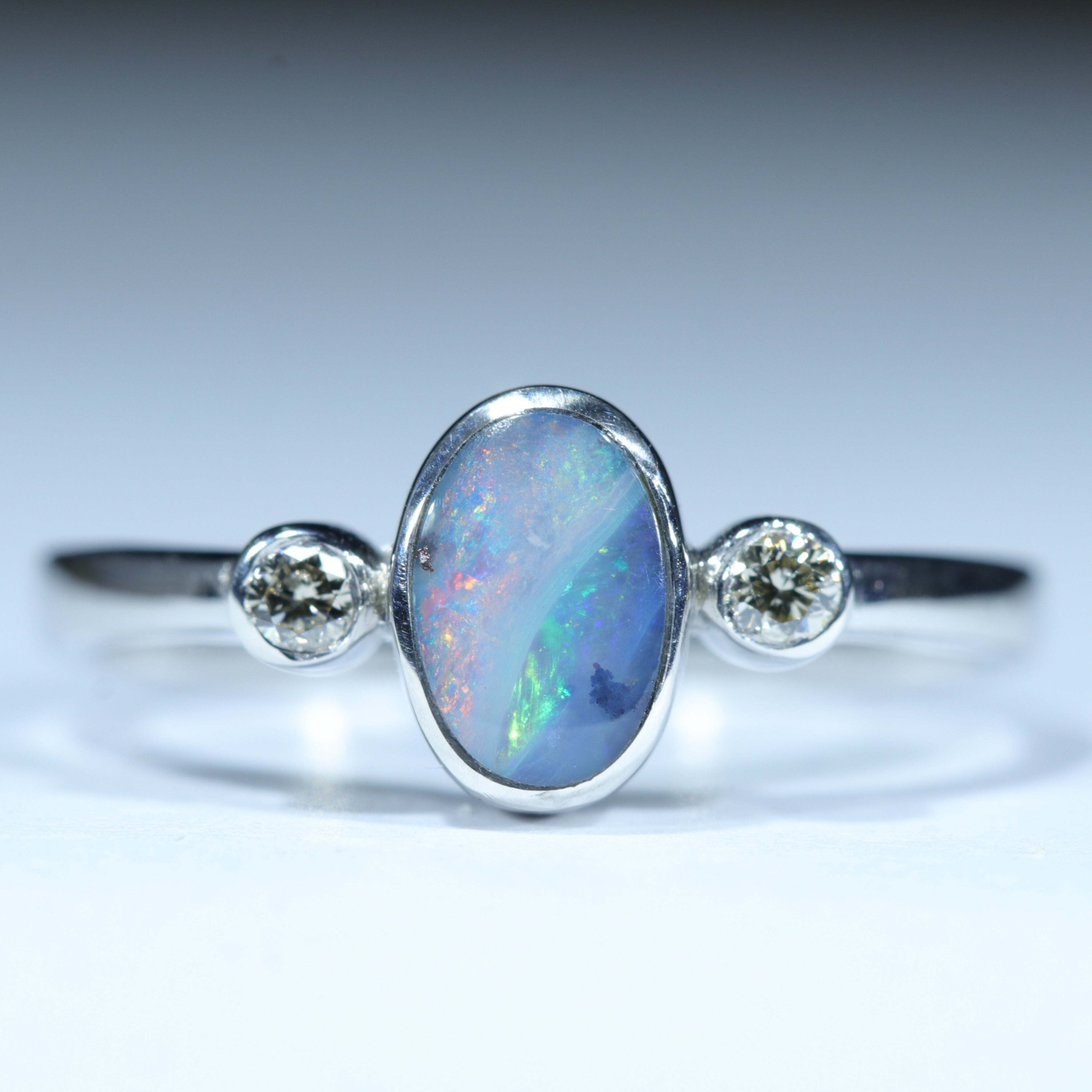 Australian Solid Boulder Opal and Diamond Silver Ring - Size 7 Code CC435