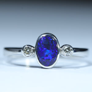 Natural Australian Black Opal Silver and Diamond Ring