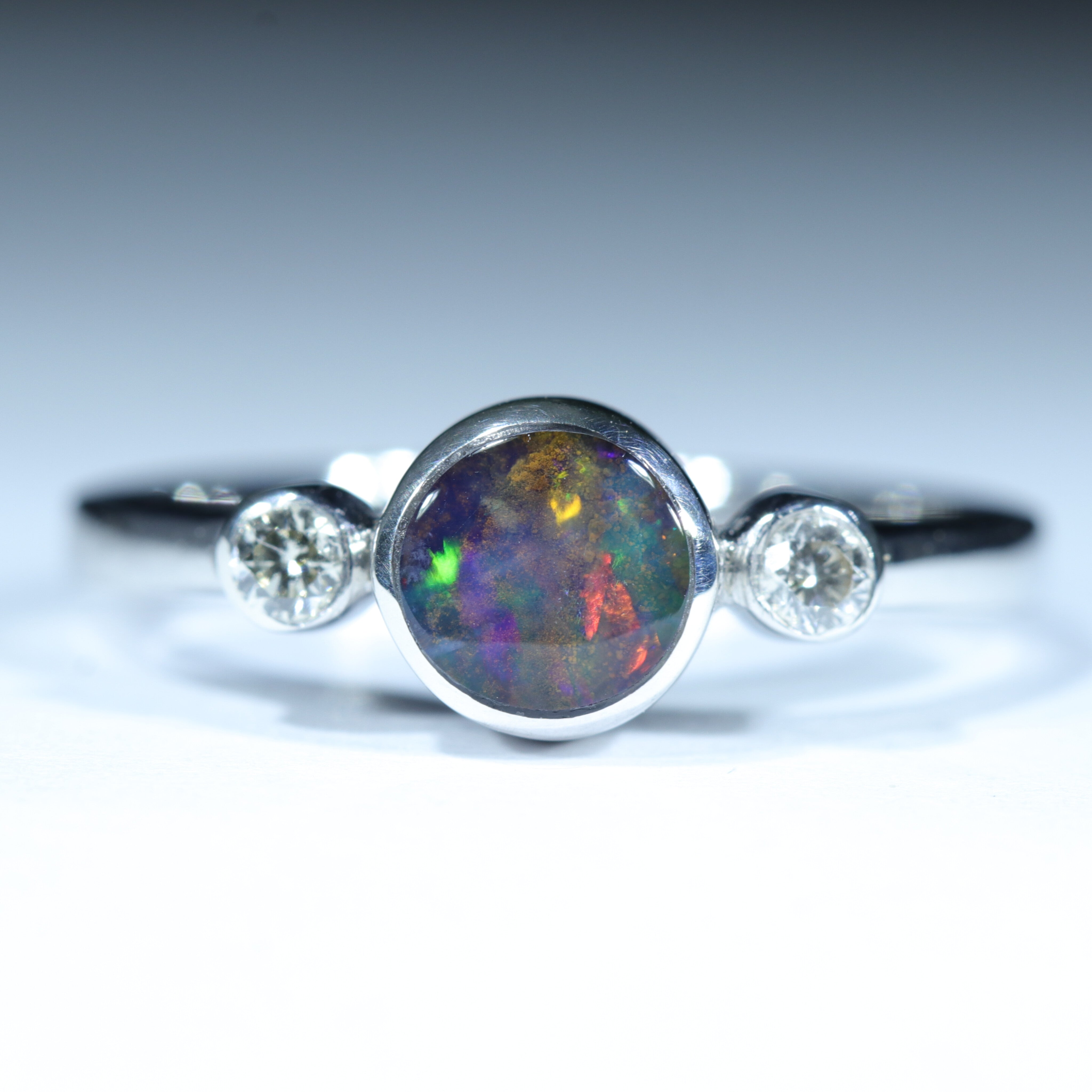 Australian Solid Boulder Opal and Diamond Silver Ring - Size 6.25 Code CC451