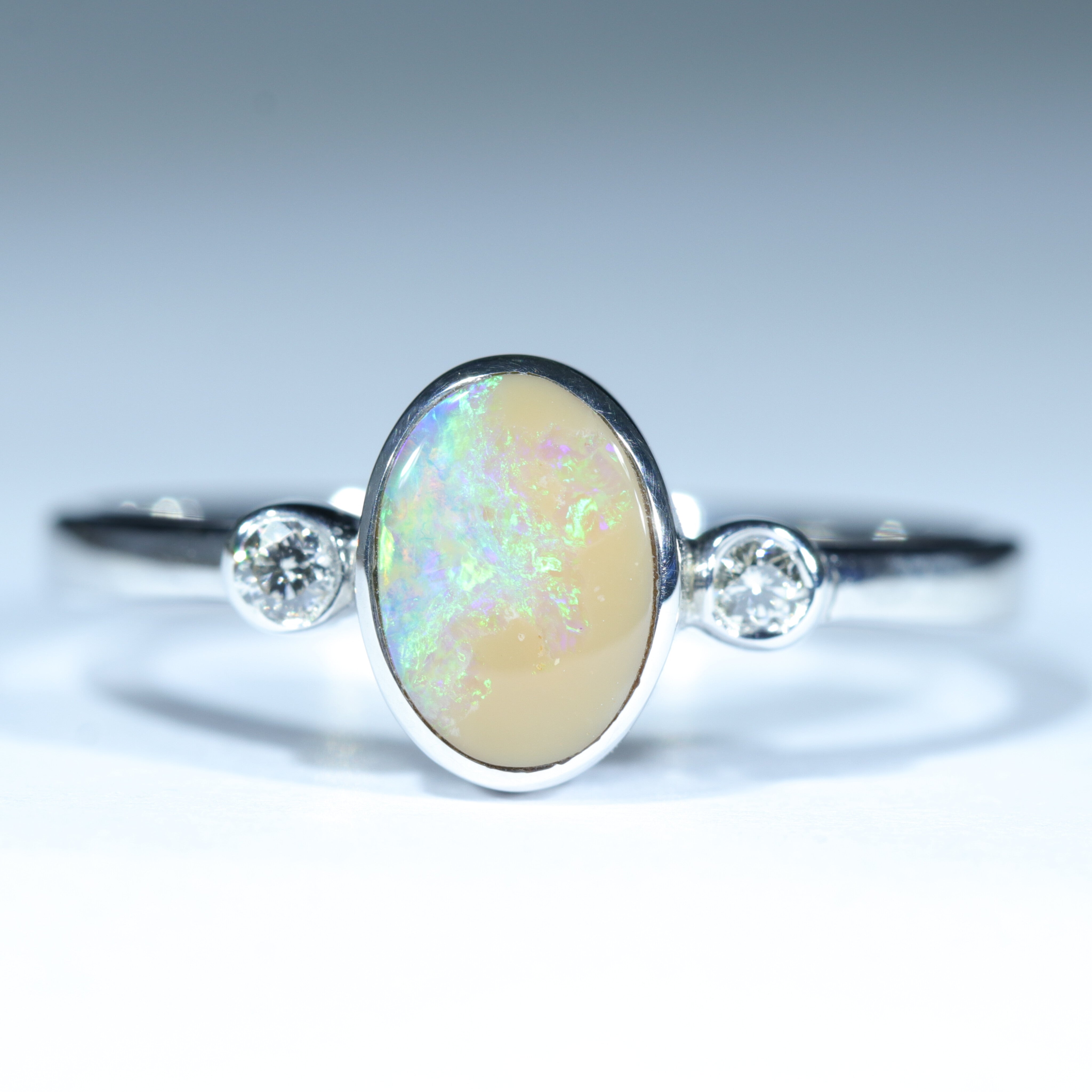 Australian Solid Boulder Opal and Diamond Silver Ring - Size 9 Code CC442