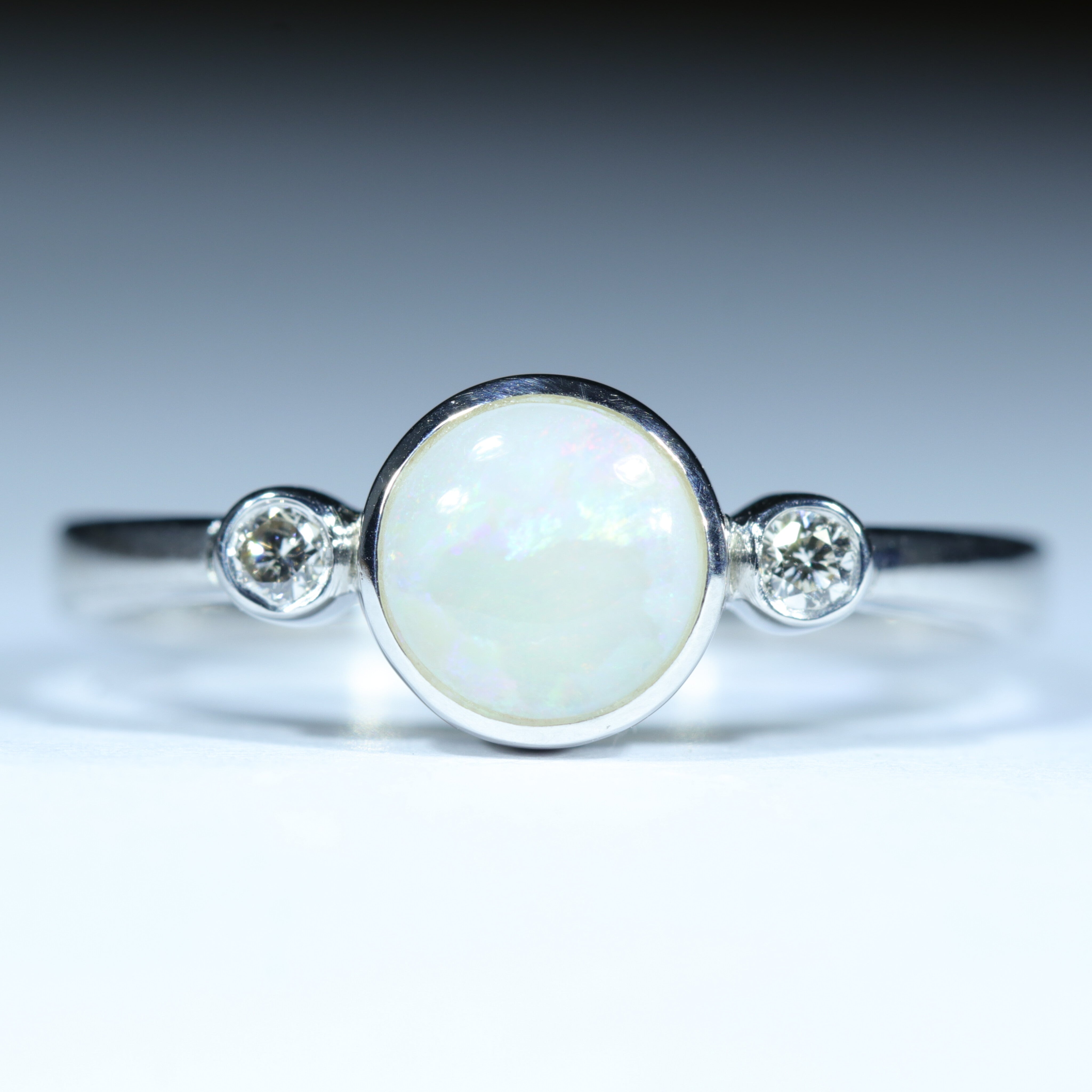 Australian White Opal and Diamond Silver Ring - Size 8.75 Code CC446