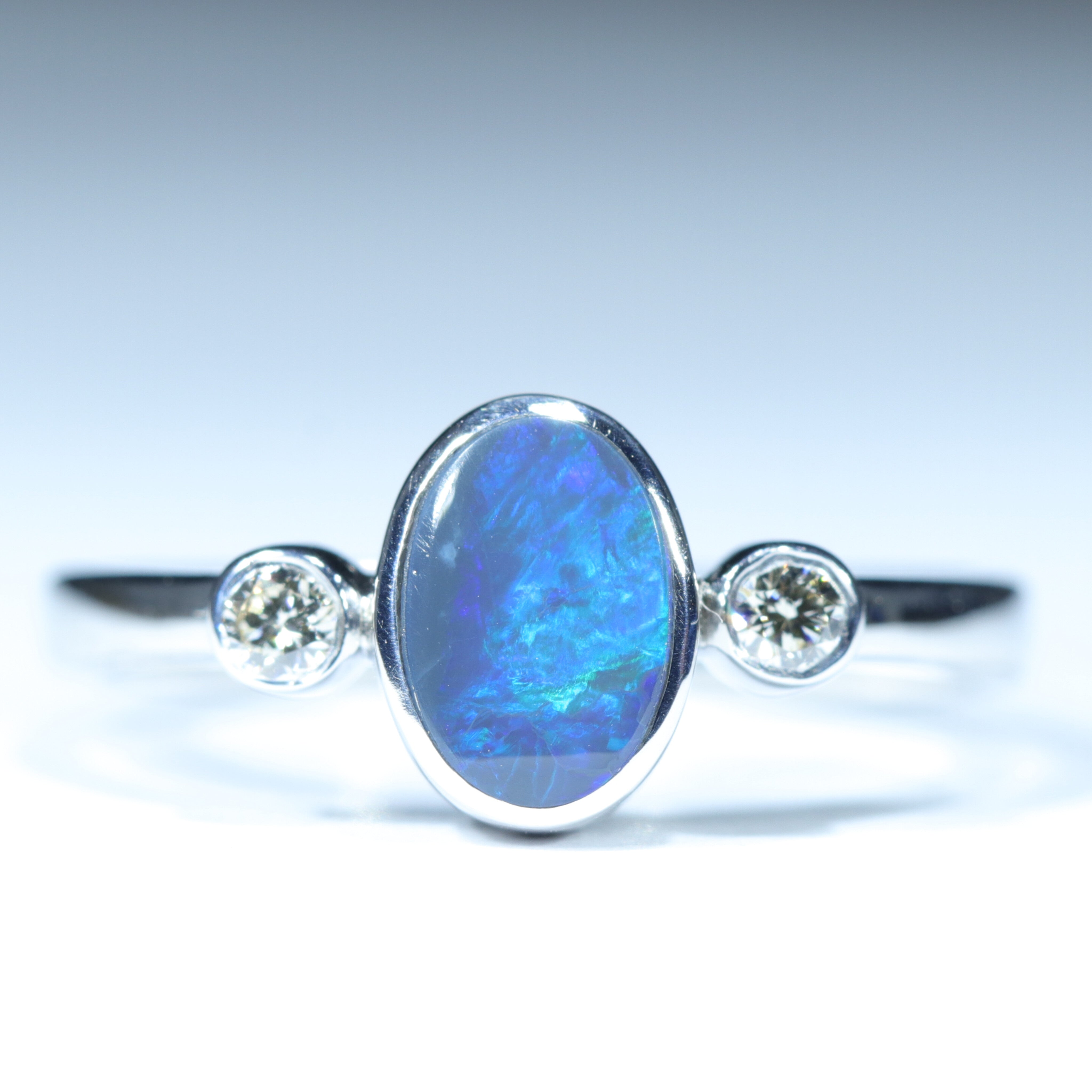 Australian Black Opal and Diamond Silver Ring - Size 6.25 Code CC441